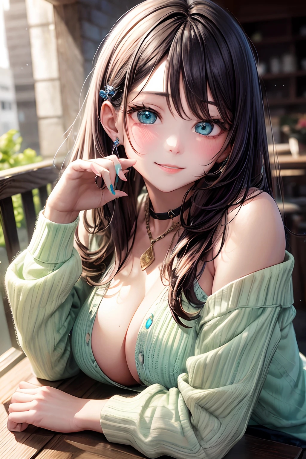 (hoang lap,hight resolution,Hyper-detailing,nffsw),tmasterpiece,best qualtiy,1girll ,Handsome,cabelos preto e longos,A detailed face,A dark-haired、Blouses with ruffles、cafe terrace,date、denim pant、full body Esbian、Dimples、,Glorious glitter、Self-shot,lightsmile,(teal eyes)