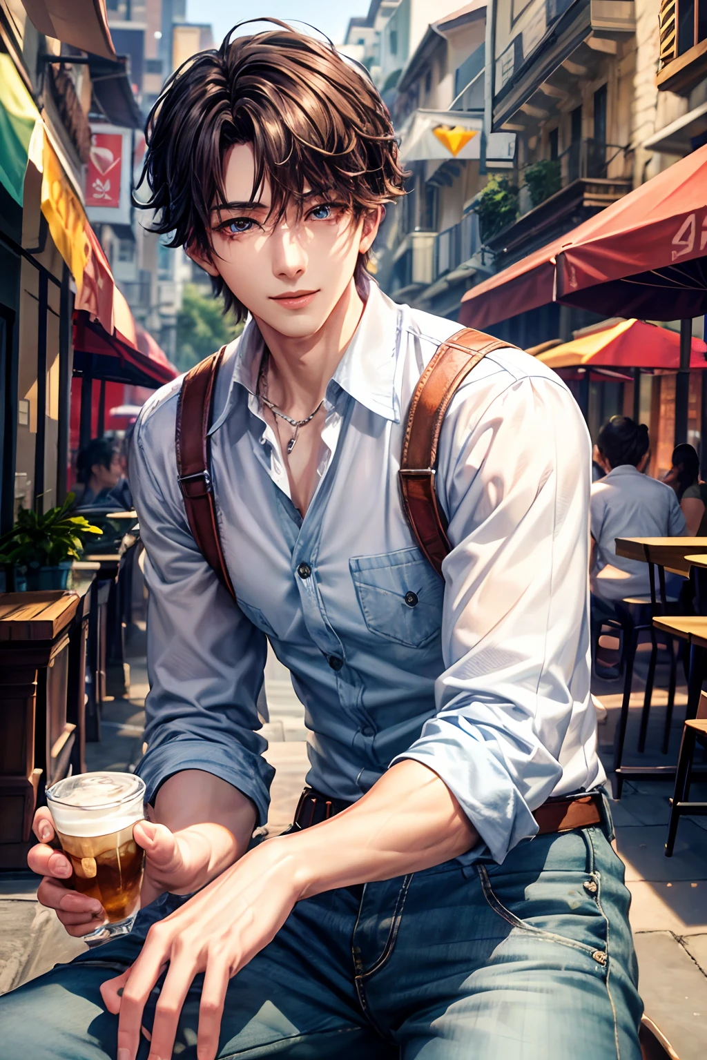777、(hoang lap,hight resolution,Hyper-detailing,nffsw),tmasterpiece,best qualtiy,1boy ,Handsome,cabelos preto e longos,fine eyes and detailed face,white shirt,denim、cafe terrace,Self-shot,lightsmile,(teal eyes)