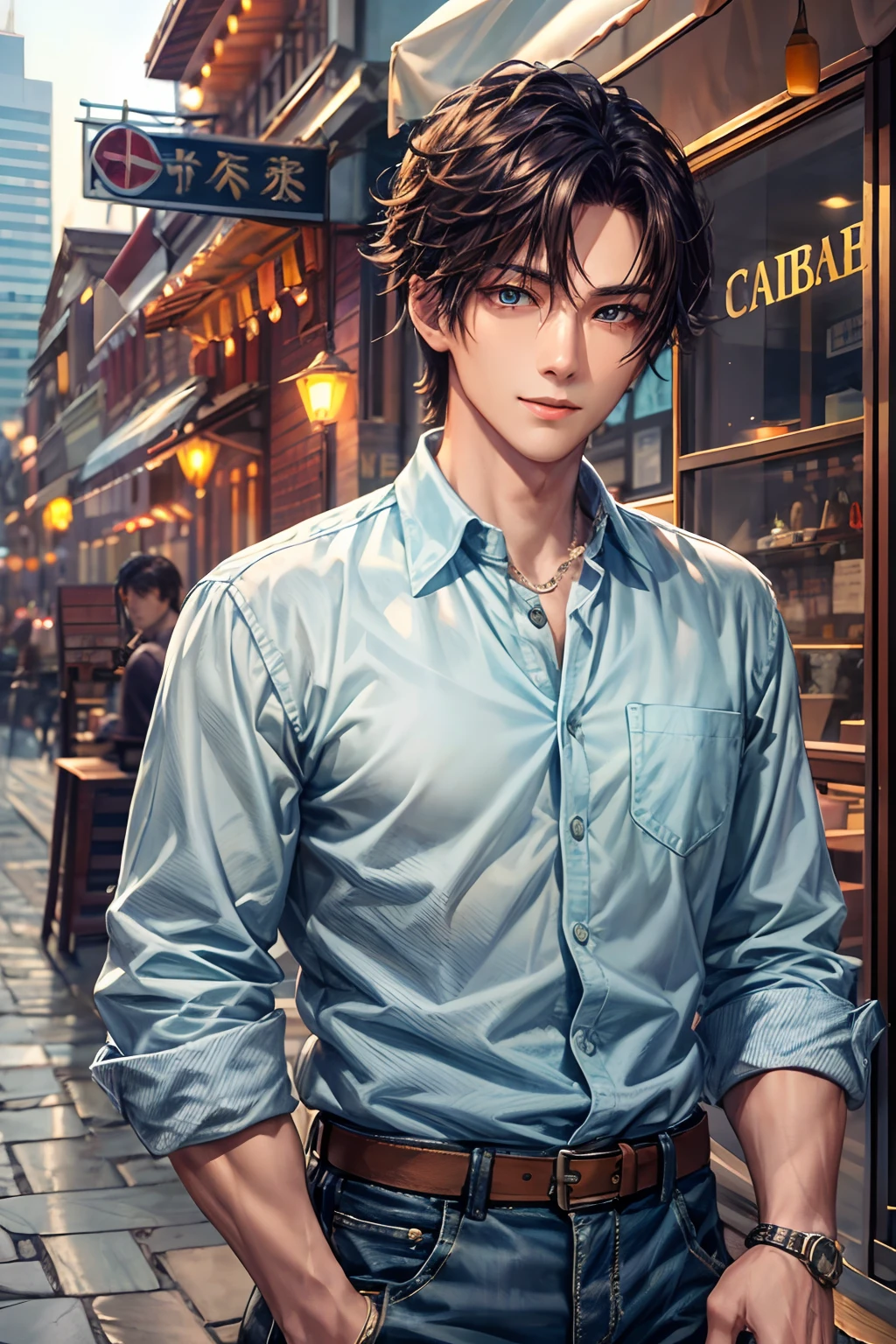 777、(hoang lap,hight resolution,Hyper-detailing,nffsw),tmasterpiece,best qualtiy,1boy ,Handsome,cabelos preto e longos,fine eyes and detailed face,white shirt,denim、cafe terrace,Self-shot,lightsmile,(teal eyes)
