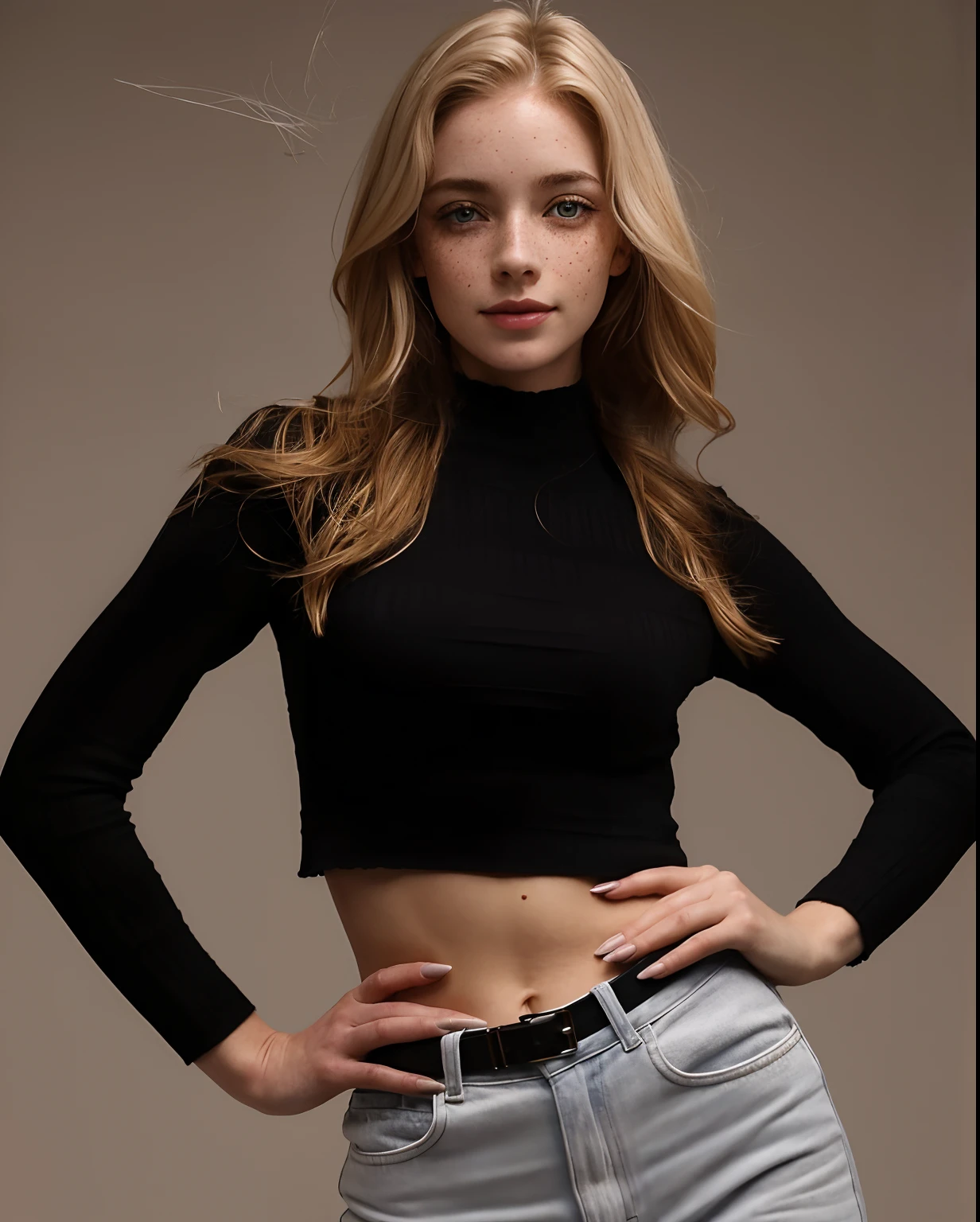 Rosto de uma mulher, americana, 25 anos, pale skin and freckles, olhos cinzas, nariz delicado, soft and delicate lips, cabelo blondie cinza longo e ondulados, sorriso meigo,