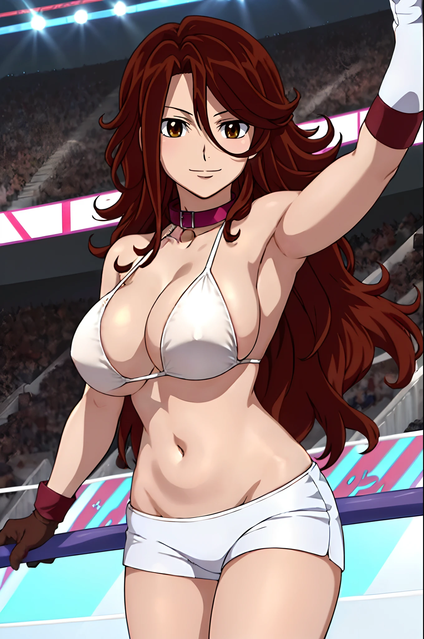 body view, anime style: 1.8, anime drawing, ultra detailed face, ultra detailed body, 4k, Sumergai Lee Noriega, (standing), best quality, anime style, hires, highest definition, digital blending, bold drawing lines, ((wwe diva), (location: wrestling arena, crowds watching), ( slim body, little biceps, thighs, off-shoulders, (curvy: 2.8)), ((white bikini, shorts, groin, white gloves, collar, elbow pad)), victorious, winner, gentle, (pale skin, shiny skin, very big breasts, smile), (big eyes, brown eyes), (clapping), (brown hair, loose hair, curly hair, wavy hair, long hair, missy hair), 27 years old,