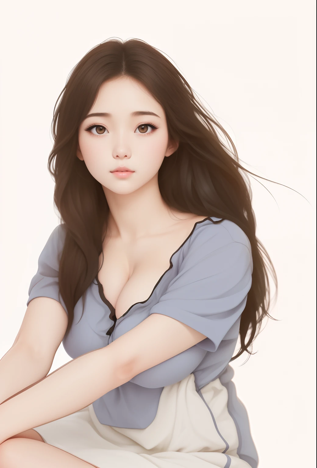 (best quality), big head, (1girl with gigantic breasts:1.3) Sweet girl , hair blow ,s sit pose's, Calming , pretty, korean , pretty dress , casual , comfortable, warming , sit , brown hair , Ulzang , sexy  fat girl , big breast