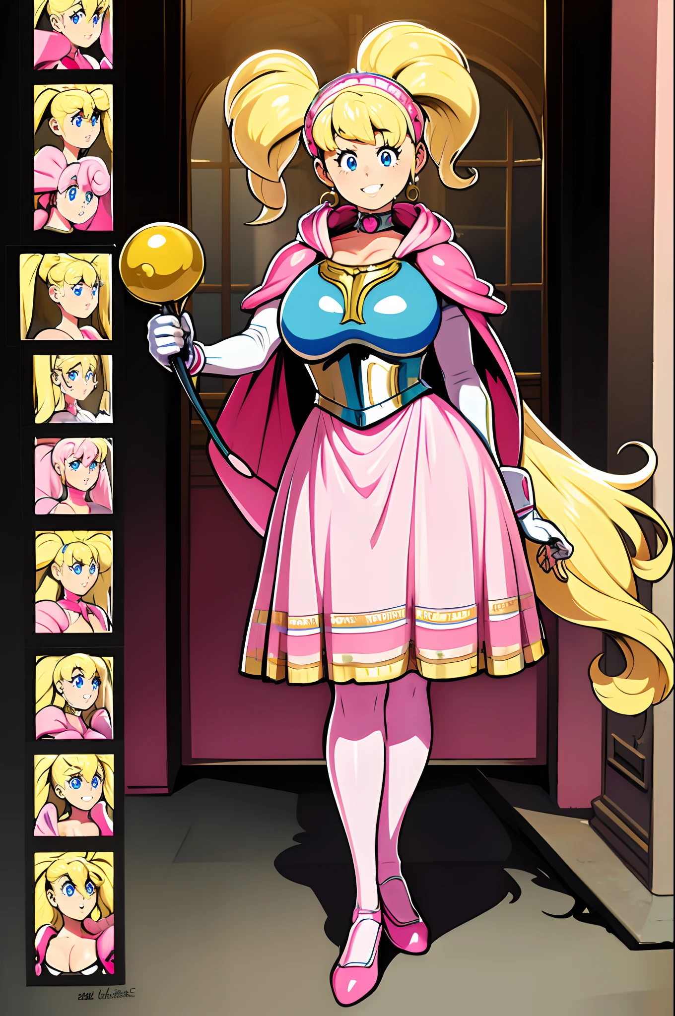 skirt vest, pantyhose, twintail, long hair, blond hair, knight, medium breast,honey lucmore,blue eyes,, walking, staff holding, cape,smile, 1character, 1girl, walking, magical girl,, solo focus, one character,pink lips, palading armor, knight, pink lipstic,best quality,4k,8k,highres,masterpiece:1.2),mega-detailed,(,1.37),portraits,vivid colors,warm tones,soft lighting,