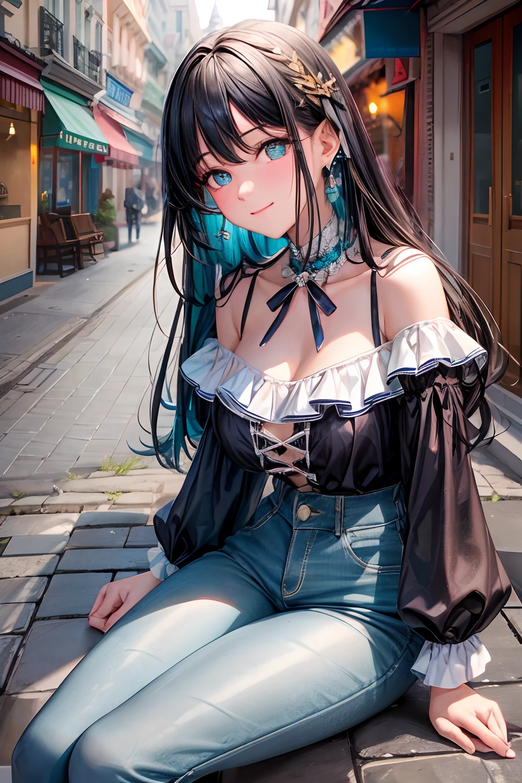 (hoang lap,hight resolution,Hyper-detailing,nffsw),tmasterpiece,best qualtiy,1girll ,Handsome,cabelos preto e longos,A detailed face,A dark-haired、Blouses with ruffles、cafe terrace,date、denim、Dimples、,Glorious glitter、Self-shot,lightsmile,(teal eyes)