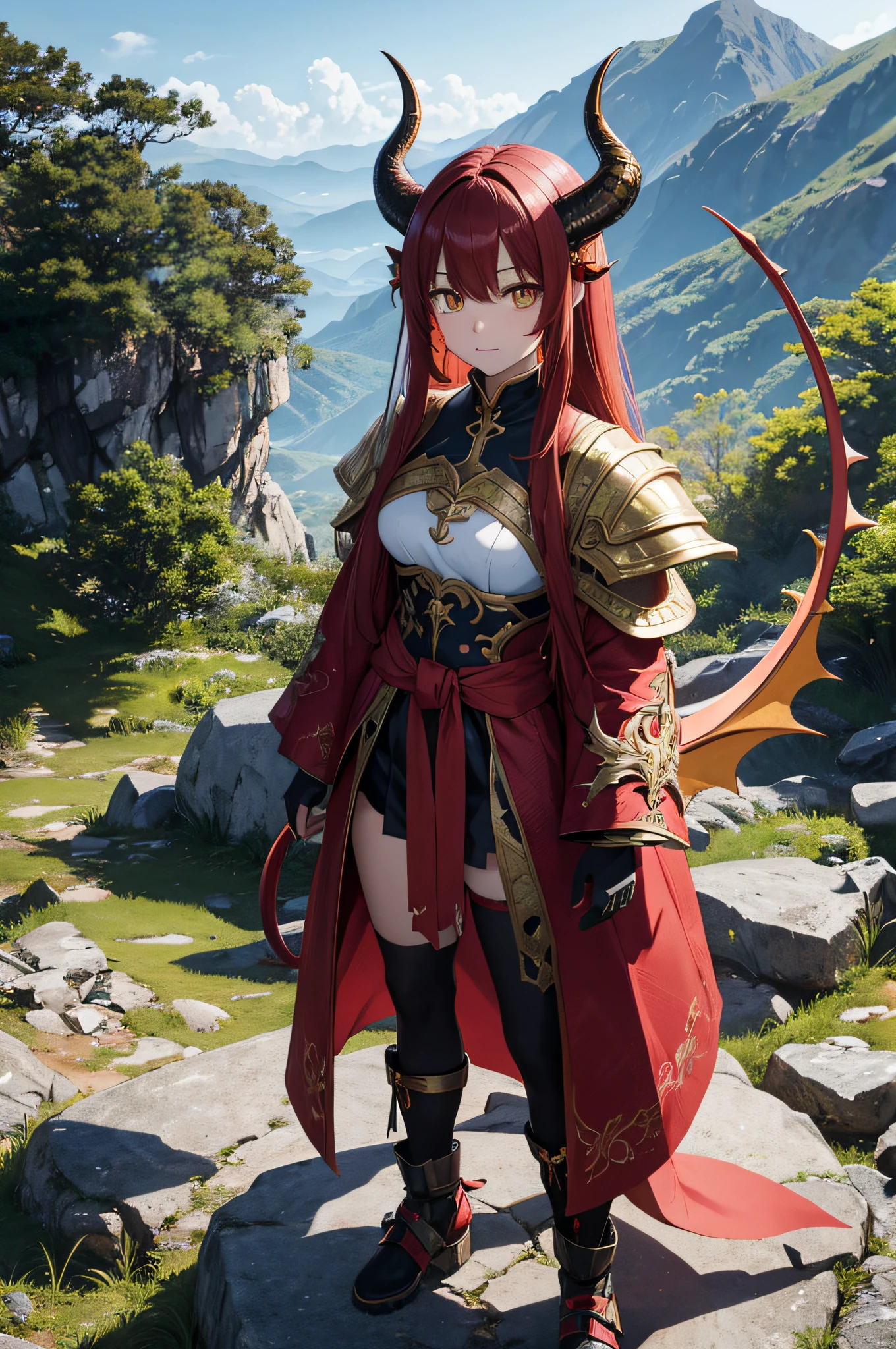 8K picture quality、Anime Art、anime styled4K、Girl with dragon features、One beautiful woman、Ryujin、Composition of the whole body、Beautiful human body、Limbs covered in reptilian scales、Red scales、Two horns grow on the head、Black horned、Red hair、Dragon tail、Yellow eyes、beautiful countenance、Dressed in armor、Standing on a rocky ground、The background is a craggy rocky area、
