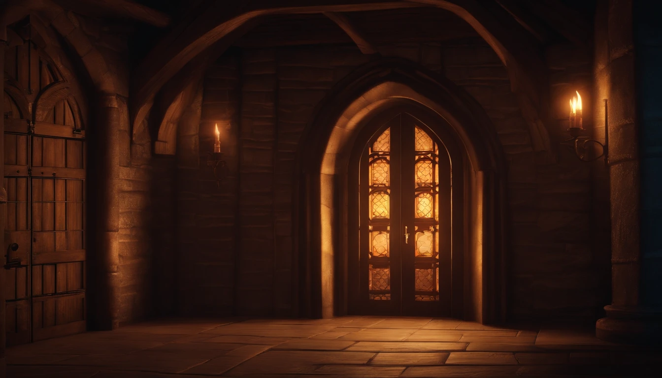 visual novel background, medieval style, house interior door, night, dim lighting