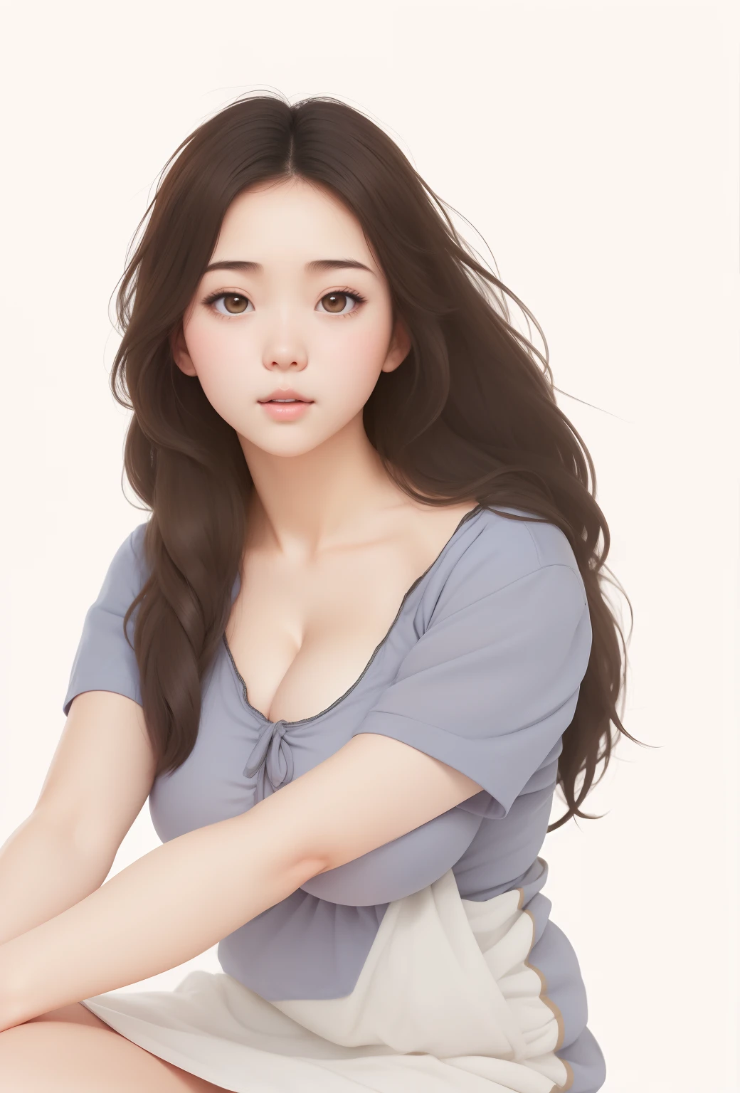 (best quality), big head, (1girl with gigantic breasts:1.3) Sweet girl , hair blow ,s sit pose's, Calming , pretty, korean , pretty dress , casual , comfortable, warming , sit , brown hair , Ulzang , sexy fat girl , big breast