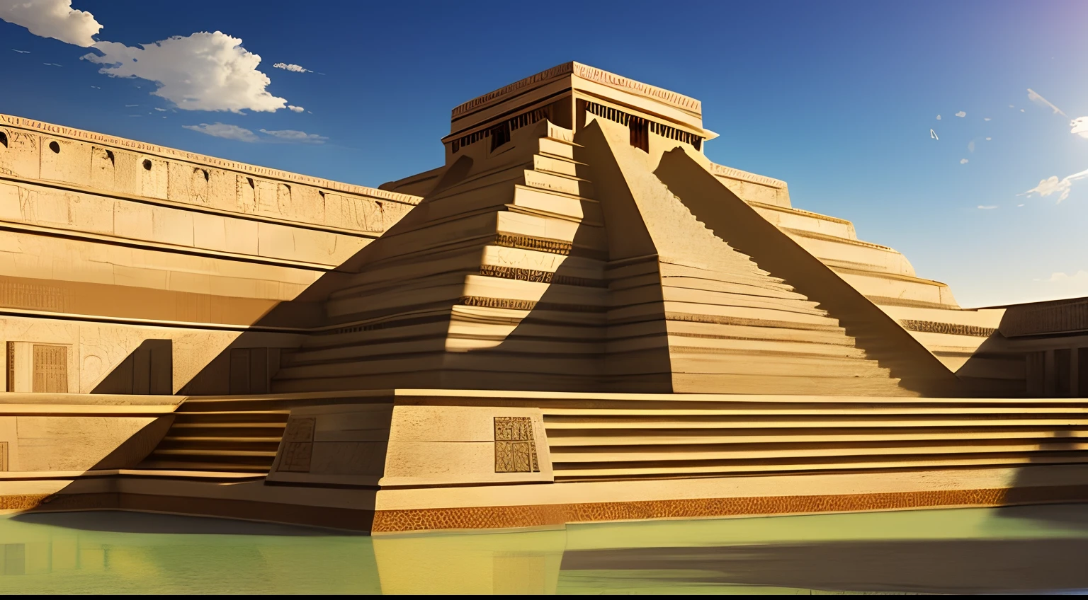 Your Great Ziggurat at Dawn, Its huge terraces and staircases bathed by the soft, Luz dourada do sol nascente. A sense of ancient grandeur and mystique surrounds this iconic Mesopotamian monument. estrutura majestosa, Aura atemporal, escala monumental, O brilho dourado do amanhecer, Historical wonder, realismo de anime, Perfect illustration