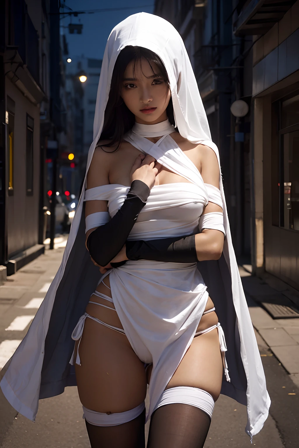 tmasterpiece，best qualityer，1girll，delicated face,Black skin，Heteromydria,Medium breast，Mummy costume，Bandages wrap around the whole body，Modern background， In the street