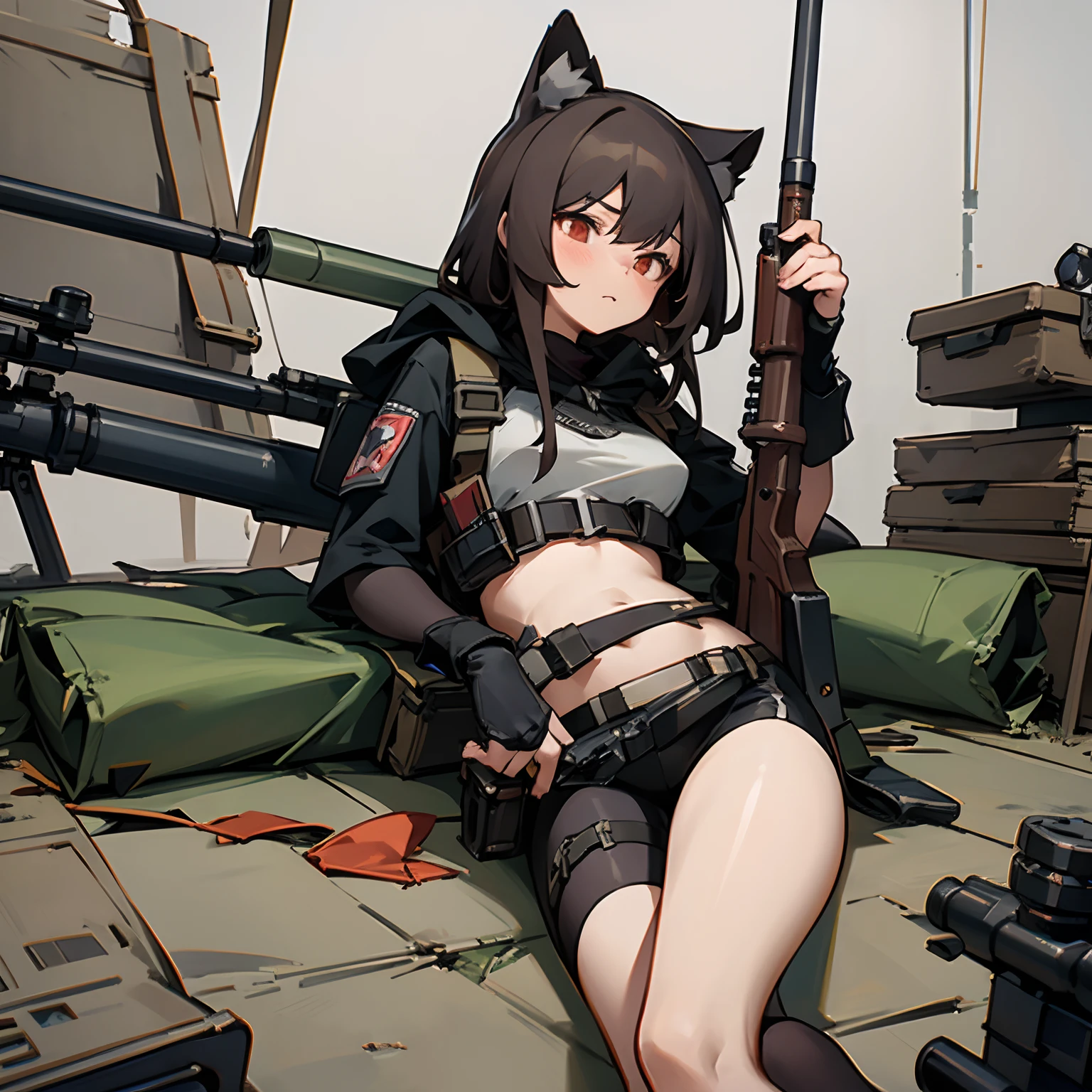 1 girl, 8k, artstation, masterpiece, cat ears, brown hair, red glowing eyes, sniper rifle, marksman, military, tactical, pouches, tactical pouches, battle belt, sniper's nest, battlefield, indoors, close quarters combat, ((prone position)), ((laying on stomach)), aiming down scope, scoped rifle, long range rifle, ghillie net, marksman hood, lying down, facing away, scoped in, prone, binoculars, bike shorts, camouflage, ghillie