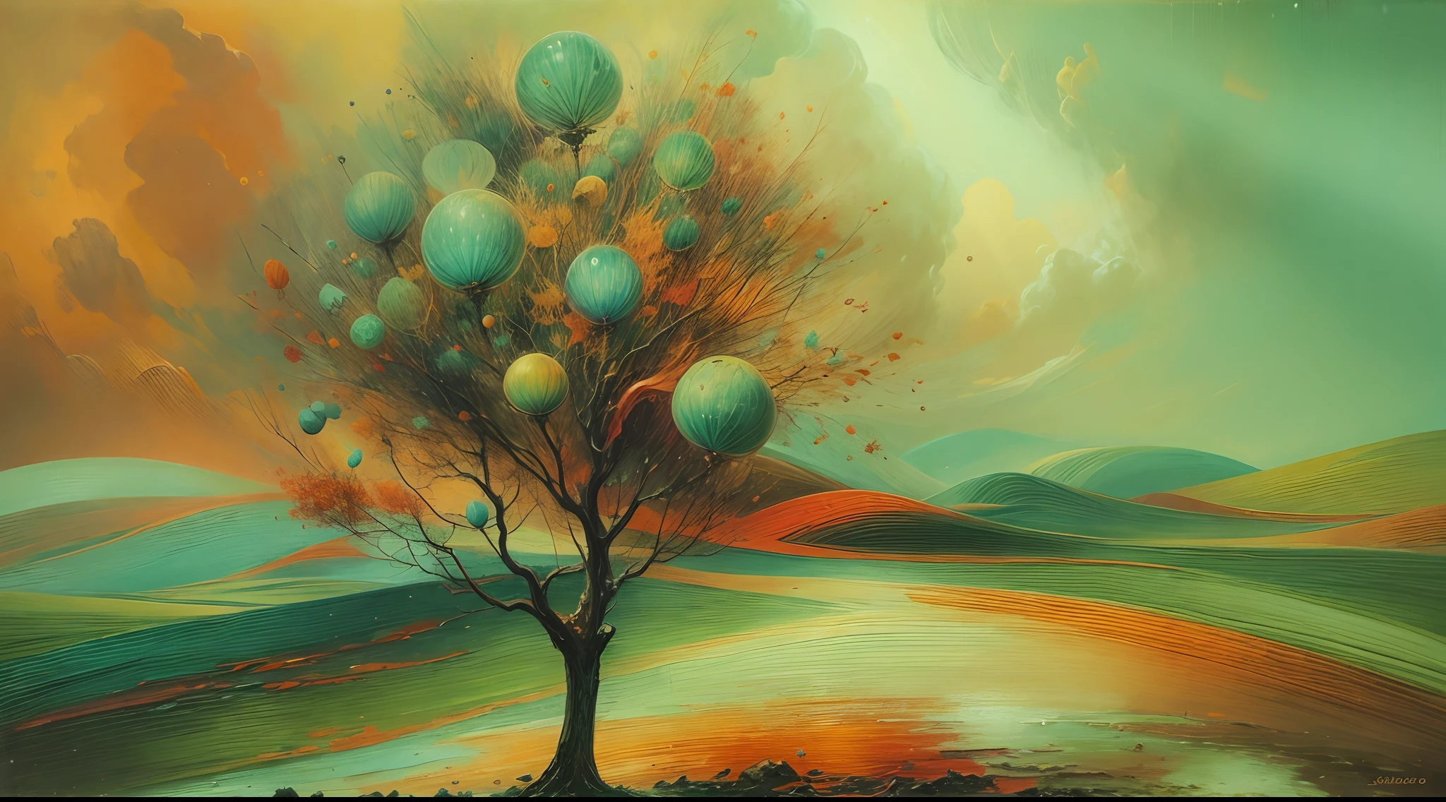 An abstract landscape in oil paints, which creates a surreal atmosphere.