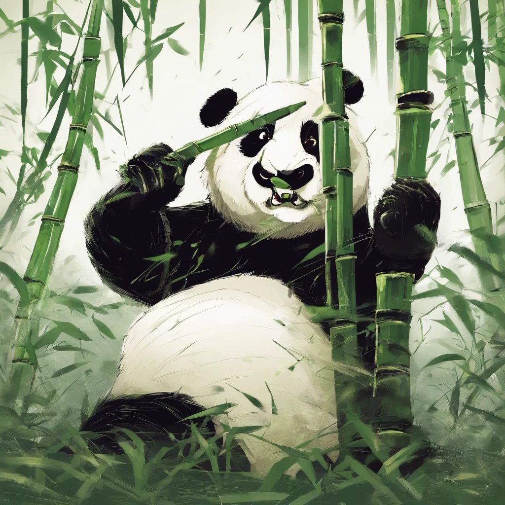 Panda holds up bamboo embroidery in filthy environment,His eyes were glowing red with anger,fighting poses