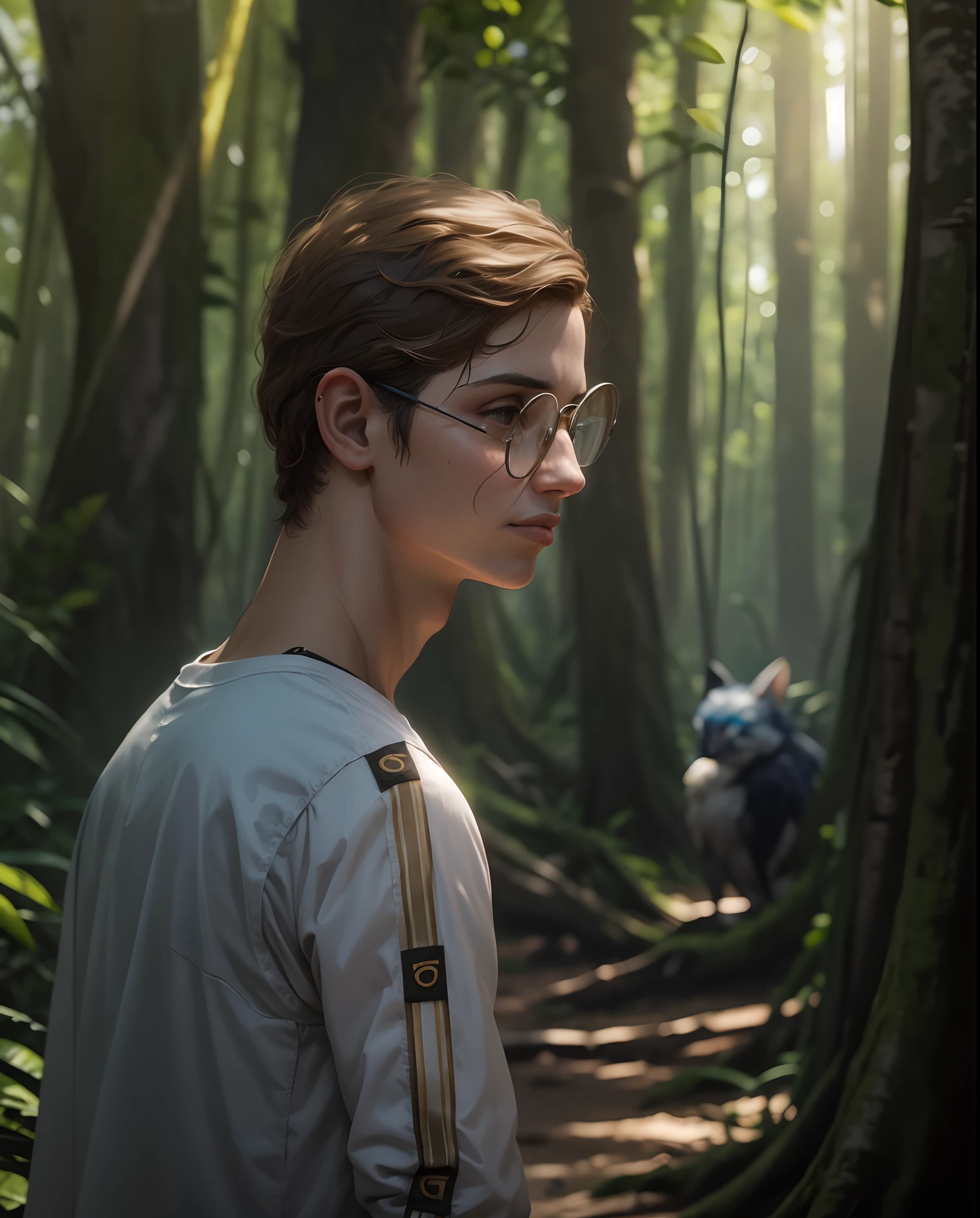 "Crie uma cena que represente Catarina, a corajosa gatinha, e Kyra, a inteligente raposa, ambos vivendo na floresta, but keeping their distance from each other. Ilustre a atmosfera da floresta ao redor deles e a curiosidade nos olhos de ambos os personagens enquanto observam um ao outro de longe. Highlight the tension and distance that exists between them at this point in history."