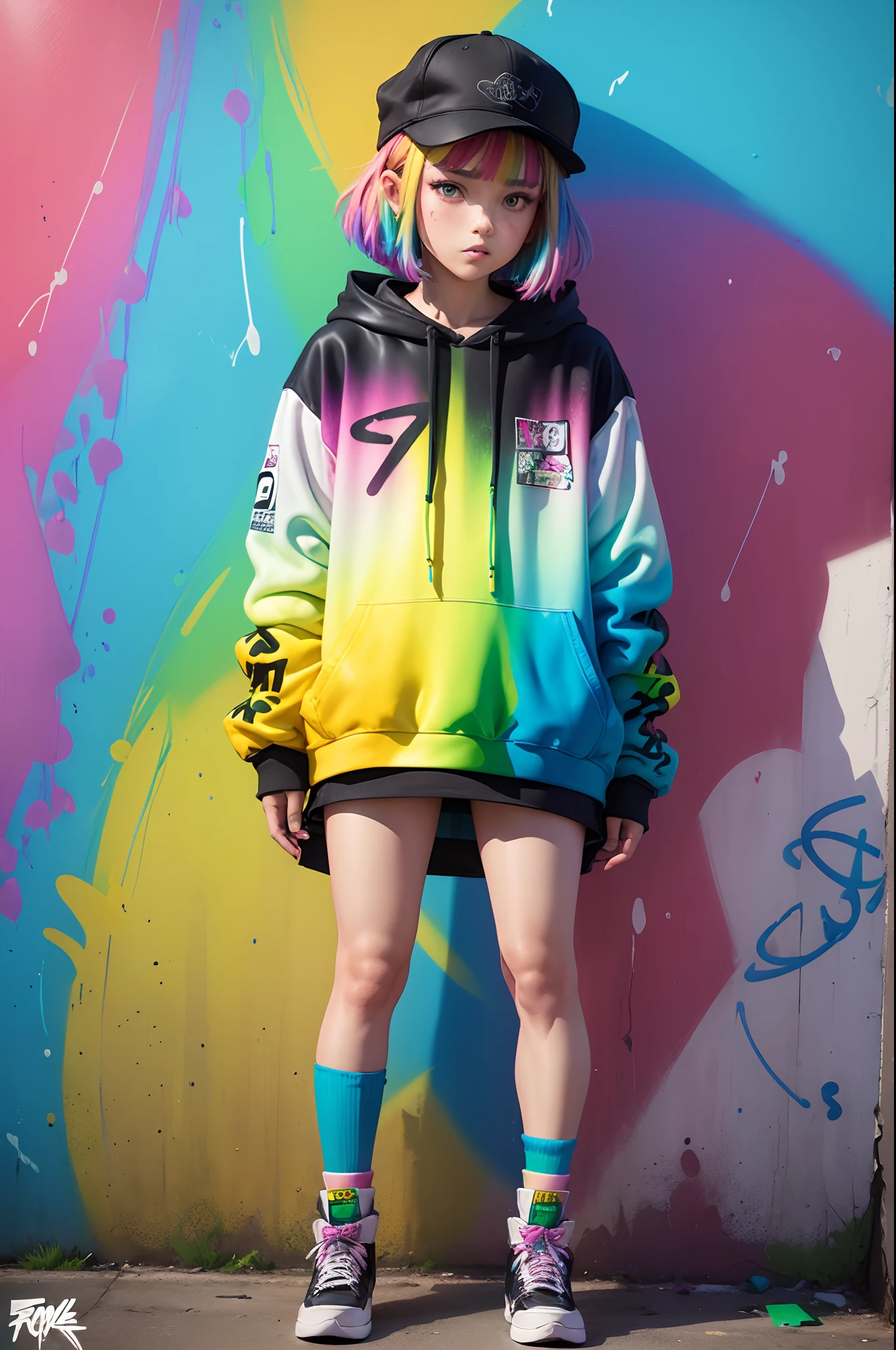 (rainbow color background:1.45),(1/2 official art,2/3 graffiti art,street style fashion,P/3 Stamping Art Signature,English logo,English text,silhouette:1.35),Spray painting art,color inks,splash inks,a group of face close up,Some rusty Retrofuturism,all kinds of highly detail clothes,cowboy shot,multicolored outline,iridescent,Rainbow Gradient,colorful, Color paint graffiti,