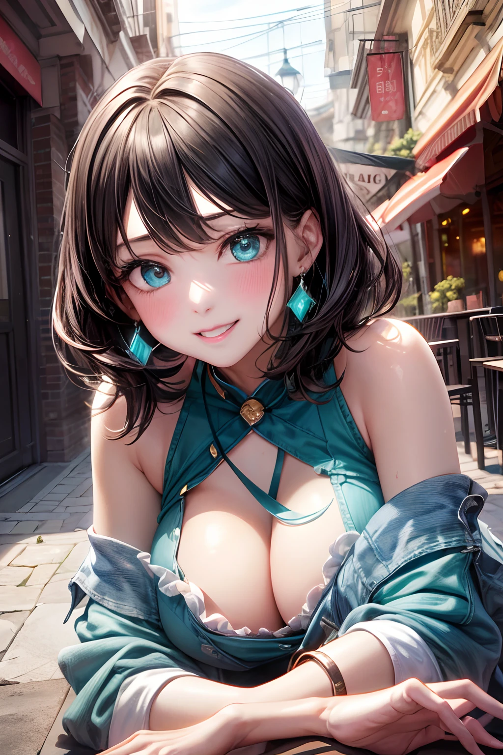 (hoang lap,hight resolution,Hyper-detailing,nffsw),tmasterpiece,best qualtiy,1girll ,Handsome,cabelos preto e longos,A detailed face,A dark-haired、Blouses with ruffles、cafe terrace,date、denim pant、full body Esbian、Dimples、,Glorious glitter、Self-shot,lightsmile,(teal eyes)