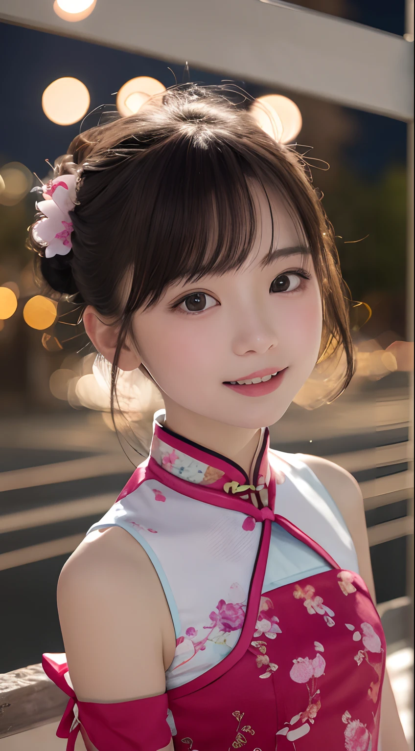 masutepiece, Best Quality, 8K, 10yaers old, Teen, Raw photo, absurderes, award winning portrait, Smile, Solo, (Night:1.8), Idol face, violaceaess, Delicate girl, Upper body, Digital SLR, Looking at Viewer, Candid, Sophisticated,Thin arms, Professional Lighting, Film grain, chromatic abberation, (Eyes and faces with detailed:1.0), (Bokeh:1.1) , (qipao dress:1.1) , closes mouth