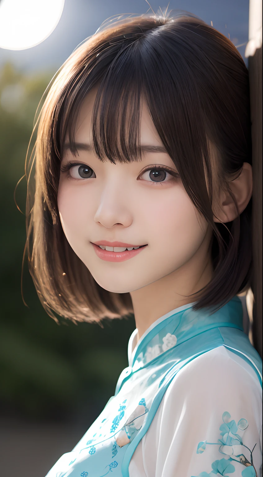 masutepiece, Best Quality, 8K, 10yaers old, Teen, Raw photo, absurderes, award winning portrait, Smile, Solo, (Night:1.8), Idol face, violaceaess, Delicate girl, Upper body, Digital SLR, Looking at Viewer, Candid, Sophisticated,Thin arms, Professional Lighting, Film grain, chromatic abberation, (Eyes and faces with detailed:1.0), (Bokeh:1.1) , (qipao dress:1.1) , closes mouth