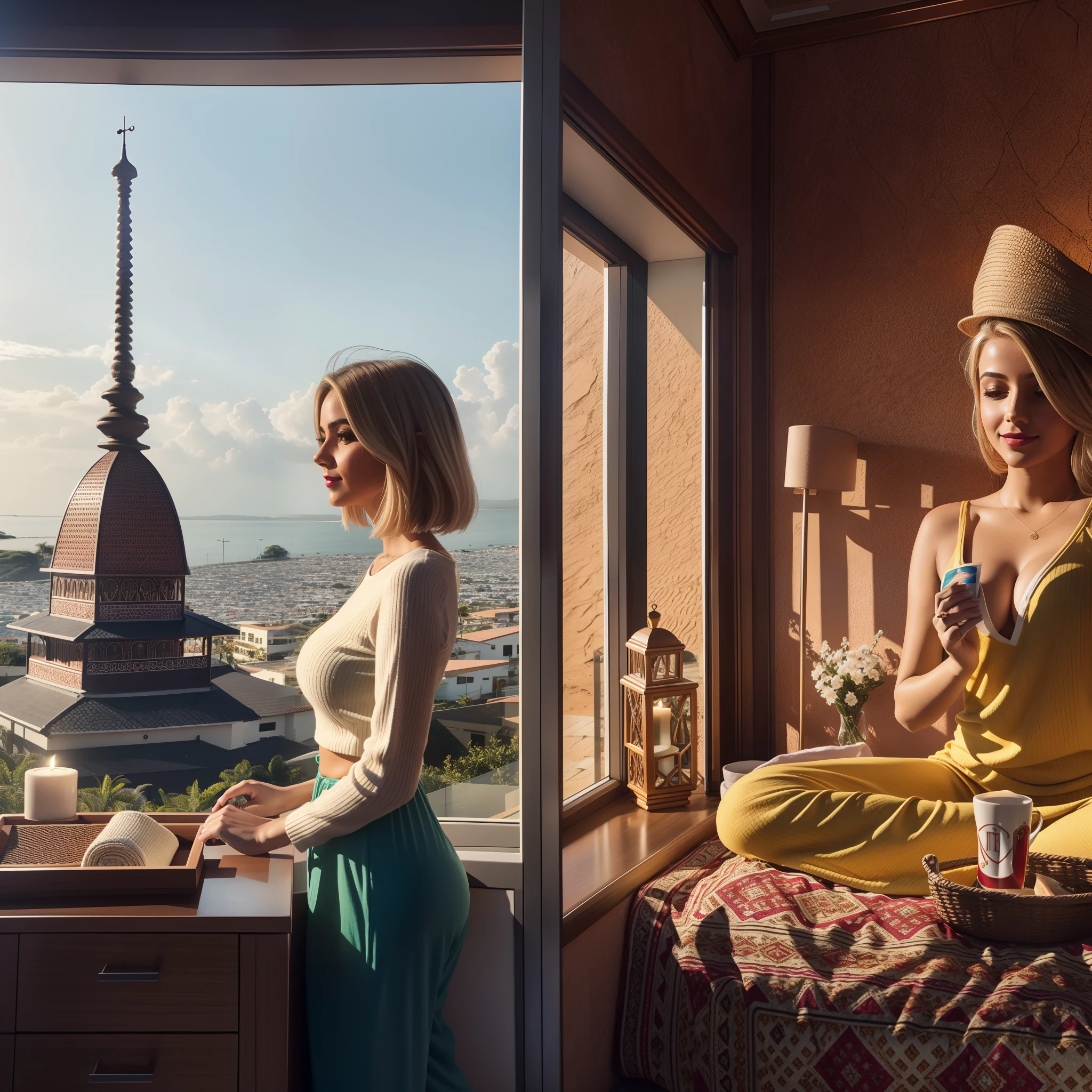 Uma mulher jovem e bonita, blonde hair that falls gently in waves up to the shoulders, altura mediana, olhos grandes e verdes, pele clara, she's in her pyjamas, ela esta em sua cama, fazendo cuidados com a pela antes de dormir, The environment is illuminated with lights of warm and pleasant colors making your hair shine, seu semblante esta naturalmente sereno, lips with red lipstick, Textura 8K, altamente detalhados, realista, soft Cinematic Light, HDR, sharp fokus, obra-prima, fotorrealista, fotografia premiada, Canon EOS R5, 35 mm