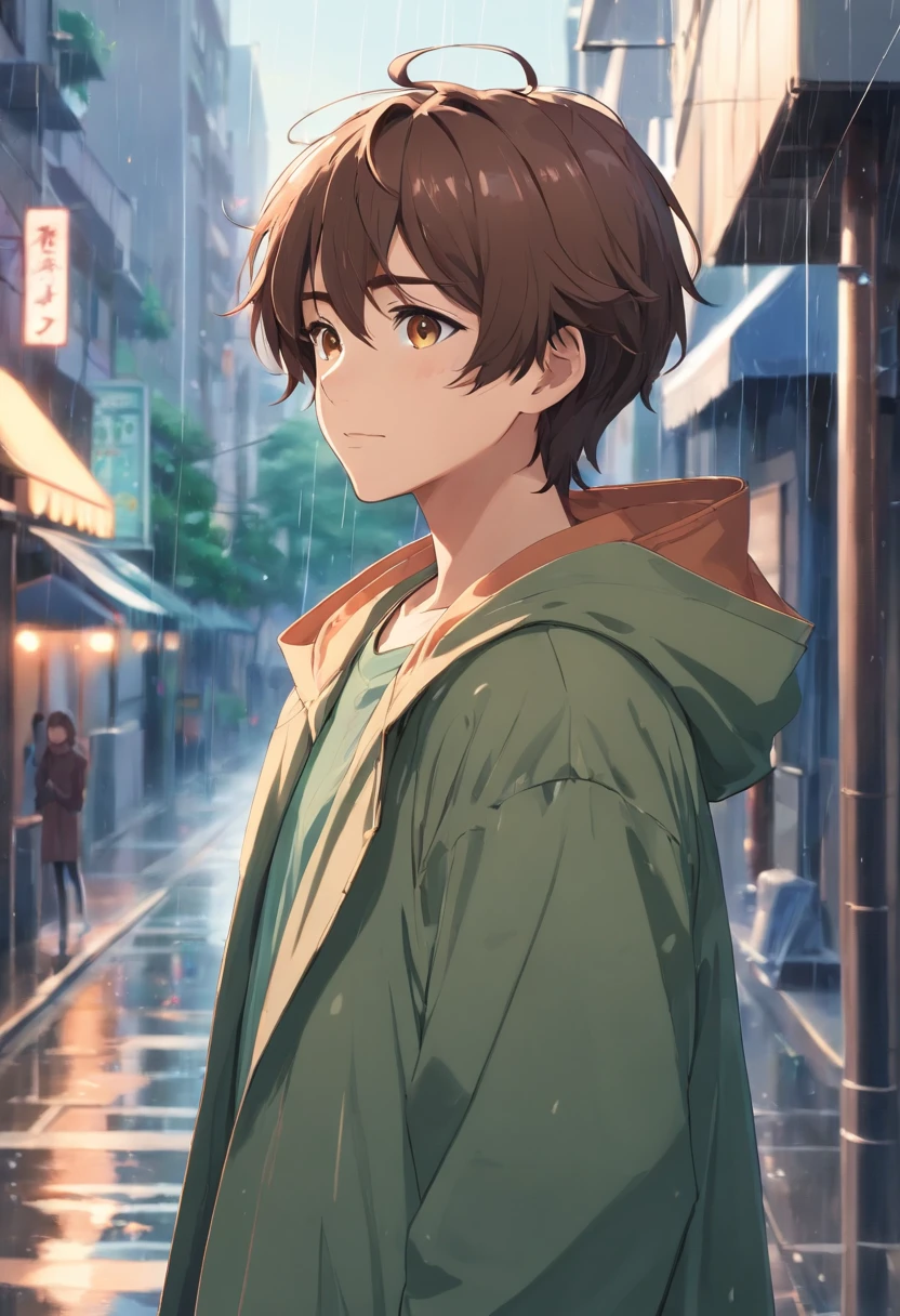 a man, Brown wavy hair, rain, Looking down, Smile, teardrop,brown color eyes,grievance,Love, Blue raincoat, Hood up, Town,In the daytime,The protagonist stands out 0.6