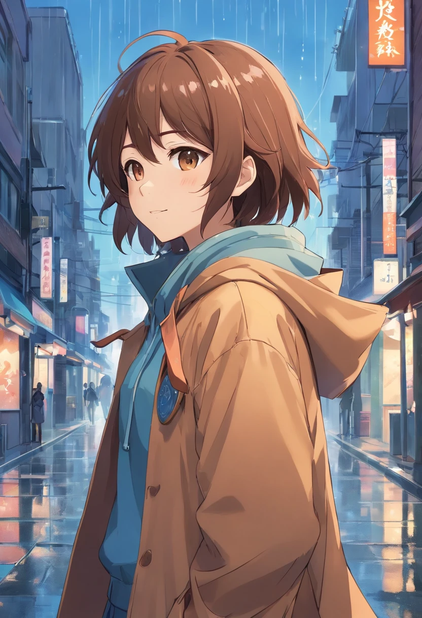 a man, Brown wavy hair, rain, Looking down, Smile, teardrop,brown color eyes,grievance,Love, Blue raincoat, Hood up, Town,In the daytime,The protagonist stands out 0.6