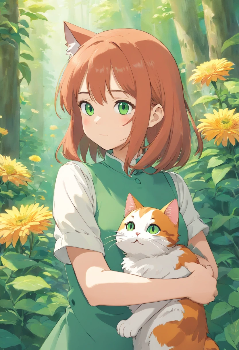 Il y a une fille tenant un chat et une fleur dans ses mains, Elle tient un chat dans ses bras, fille aux cheveux roux, Fille aux yeux verts, Anime mignon, Girl with green and white clothes, belle jeune fille, Tenir un chat dans ses bras, Grosses joues tenant son chat, dans le style anime, There's a cat next to her, Anime Chat