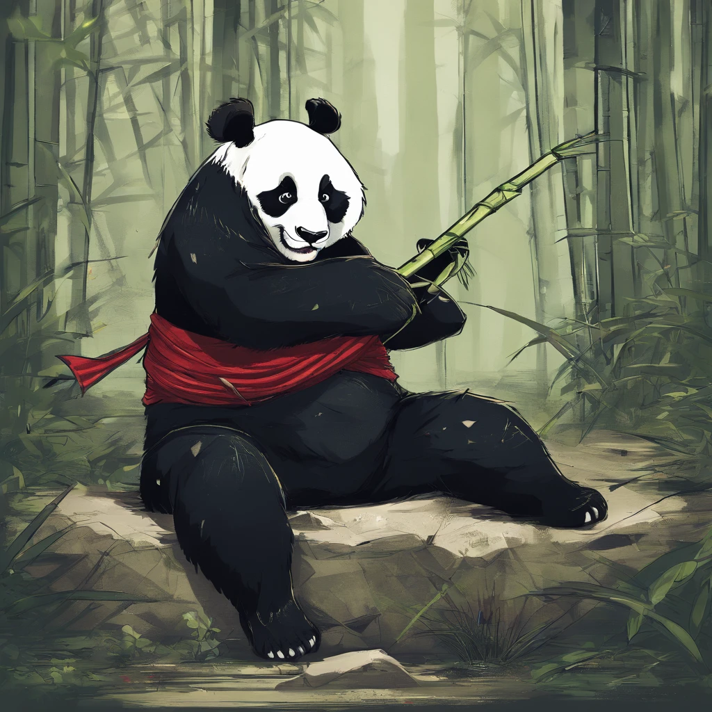 Panda holds up bamboo embroidery in filthy environment,His eyes were glowing red with anger,fighting poses