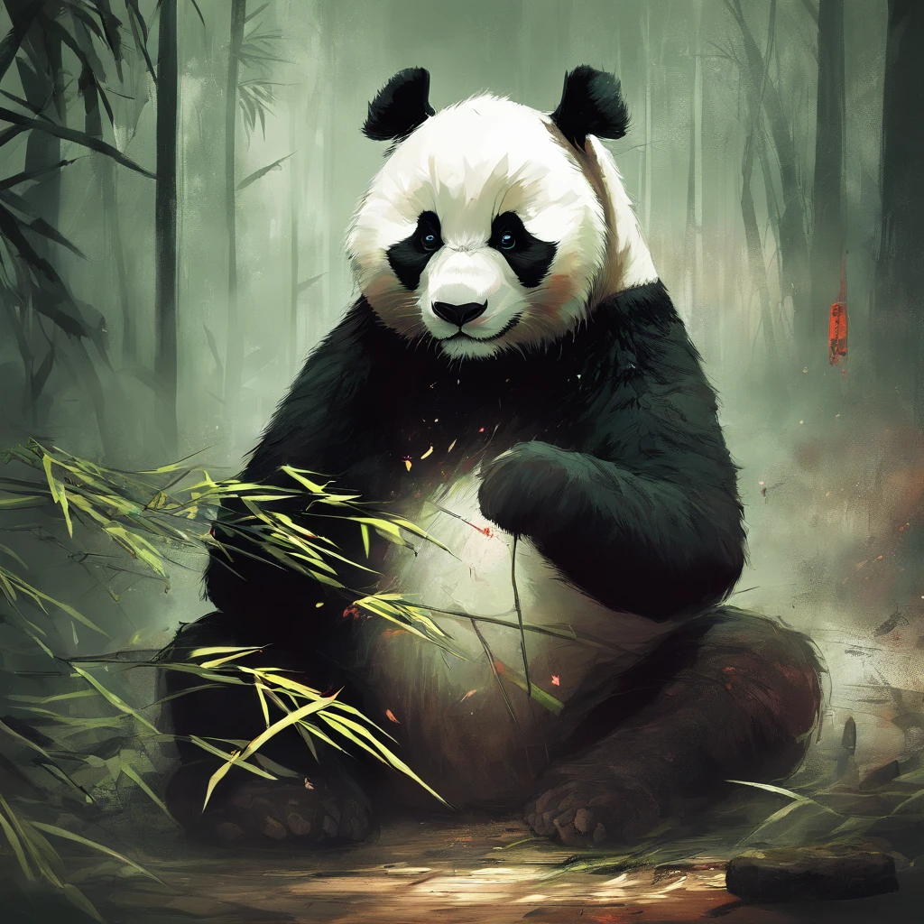 Panda holds up bamboo embroidery in filthy environment,His eyes were glowing red with anger,fighting poses