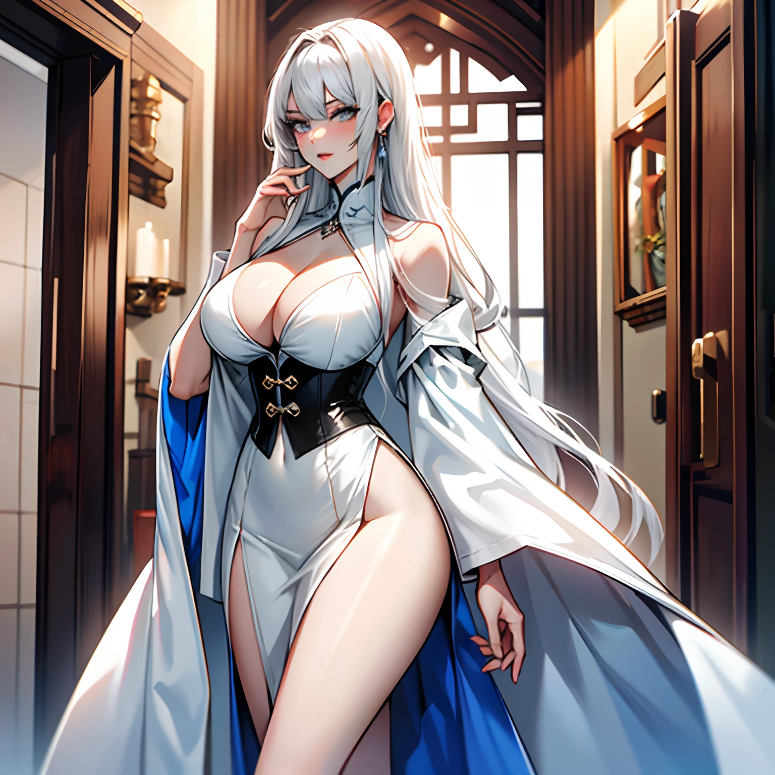 Meet her outside the door of the cultivation hall，She has a cold and elegant appearance，One royal sister，White clothes and white hair，Tall and fleshy body，Sexy and hot，Plump breasts stand up，gigantic cleavage breasts，The corset opens，Large areas of milk meat are exposed，Attractive，a pair of long, Well-proportioned legs exposed under slit skirts。