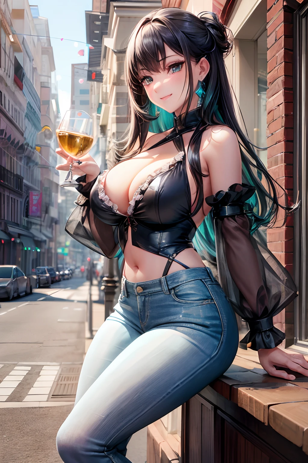 (hoang lap,hight resolution,Hyper-detailing,nffsw),tmasterpiece,best qualtiy,1girll ,Handsome,cabelos preto e longos,A detailed face,A dark-haired、Blouses with ruffles、cafe terrace,date、denim pant、full body Esbian、Dimples、,Glorious glitter、Self-shot,lightsmile,(teal eyes)