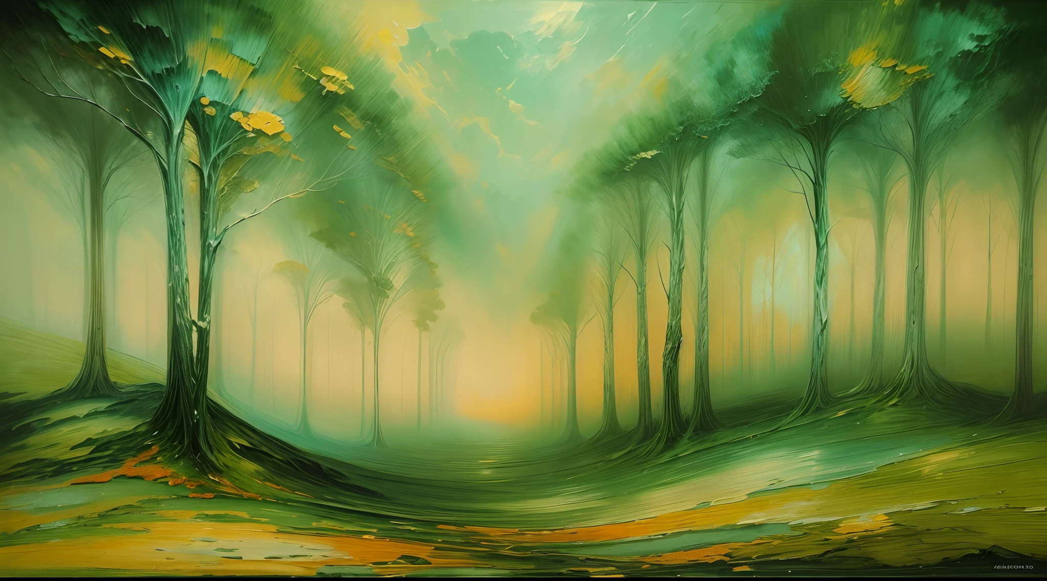 An abstract landscape in oil paints, which creates a surreal atmosphere.
