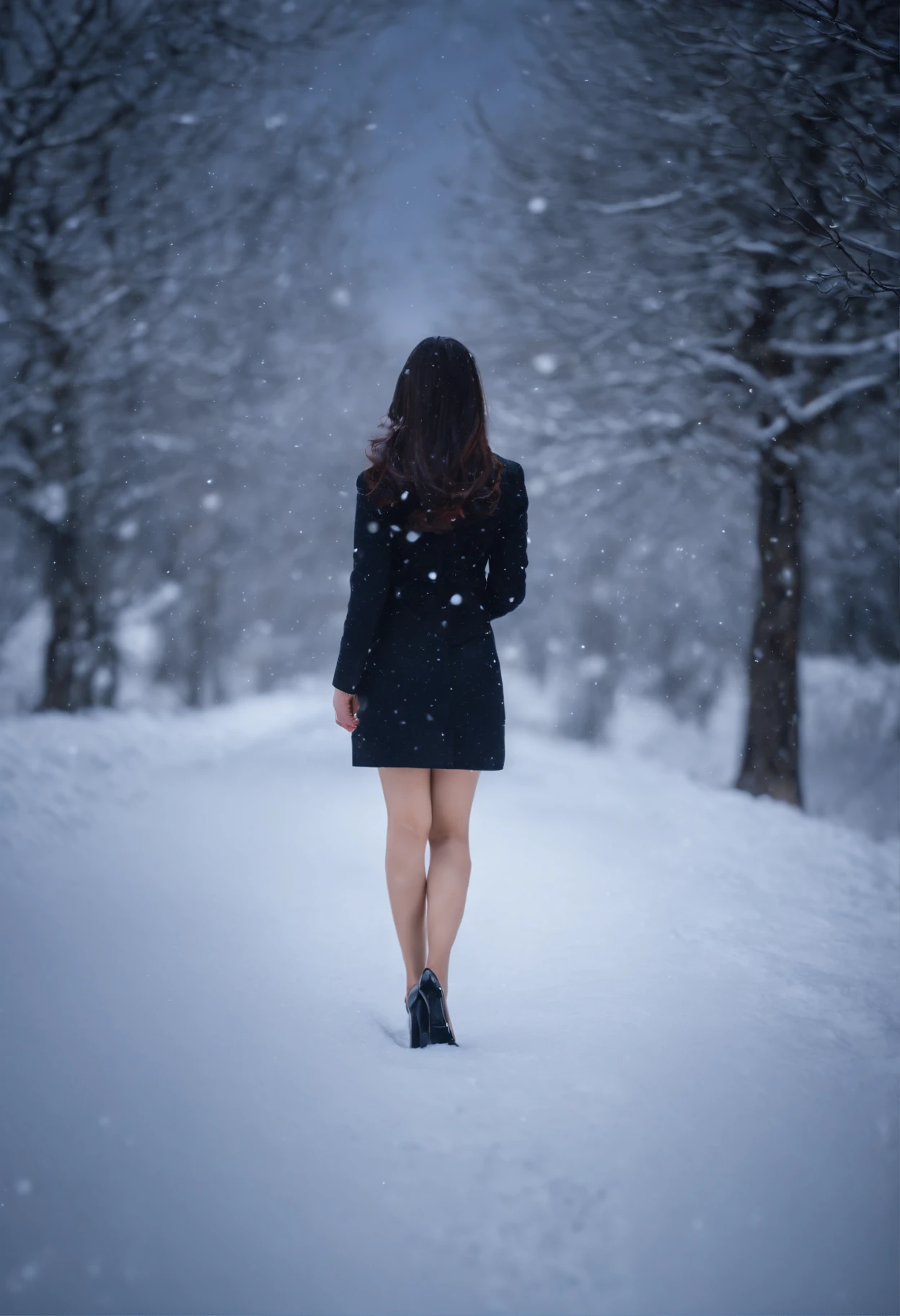 A Japanese Lady、beauitful face、二重まぶた、Big eyes、Long Black Hair、Black Suit、Black shirt、Micro shorts、beauty legs、Raw feet、pin heels、tall、model poses、Black heels、Oyuki、snow cover、snow blowing、Snowy landscape at night、Visibility is poor due to snow