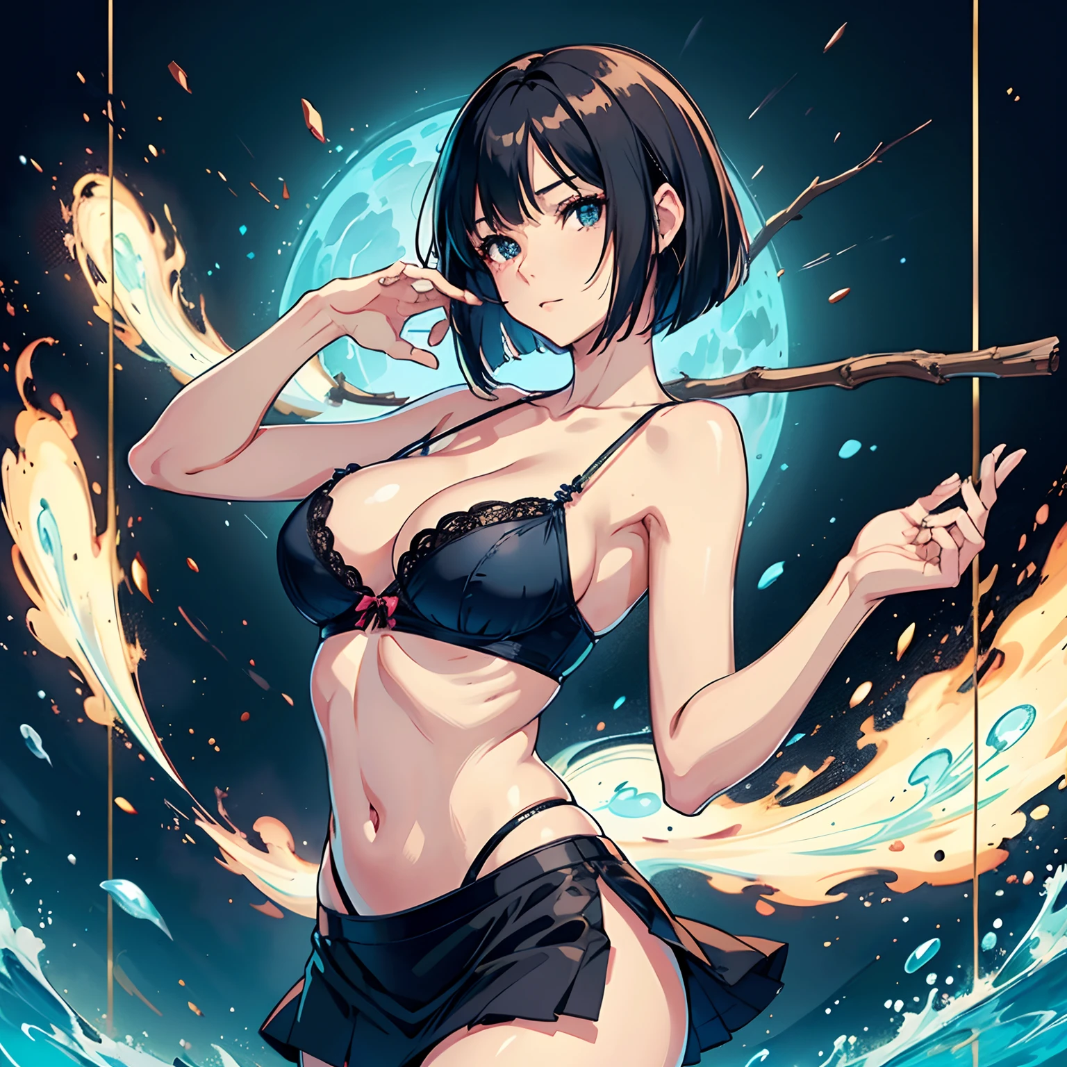 (Best Quality,hight resolution,masutepiece:1.2), (Real Stick:1.3), Detailed beautiful face and eyes, 1 girl, Woman photographed, 35-year-old woman, A MILF, Medium-sized breasts, Bob cut black hair, (Happy:1.1), (Stretching:1,2), Blue lingerie, cleavage,cleavage cutout, Tight mini skirt, Appeal to the crowd, Filming locations, Cowboy Shot