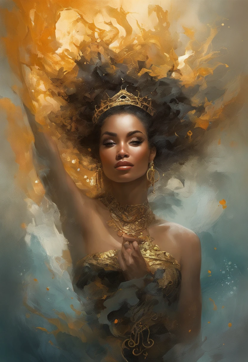 Estilo Modelshoot, Fantastic gold and black beams, tons de dourado, laranja e pastel, (papel de parede CG unity 8k extremamente detalhado), chaotic storm of intricate liquid smoke in the head, beleza estilizada retrato abstrato de corpo inteiro, pele molhada, por petros afshar, Tran Ross, Tom Baleia, Pedro Mohrbacher, Artgerm, shattered glass, ((bubbly underwater scenery)) Highly detailed octane radiant light rendering ((Evil Aesthetics))