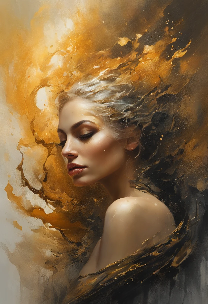 Estilo Modelshoot, Fantastic gold and black beams, tons de dourado, laranja e pastel, (papel de parede CG unity 8k extremamente detalhado), chaotic storm of intricate liquid smoke in the head, beleza estilizada retrato abstrato de corpo inteiro, pele molhada, por petros afshar, Tran Ross, Tom Baleia, Pedro Mohrbacher, Artgerm, shattered glass, ((bubbly underwater scenery)) Highly detailed octane radiant light rendering ((Evil Aesthetics))