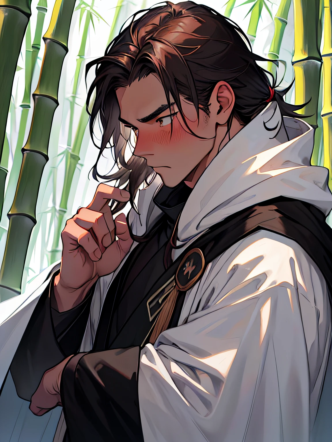 Best quality, high resolution,1 man,Male, mature, Handsome,musculature,Antique costumes, long whitr hair, brunette color hair,Martial arts,Dressed in black, (White cloak:1.3), Dusty, Rough male, Chivalrous, (Bamboo forest:1.3), (Blushing:1.2),Close-up,
