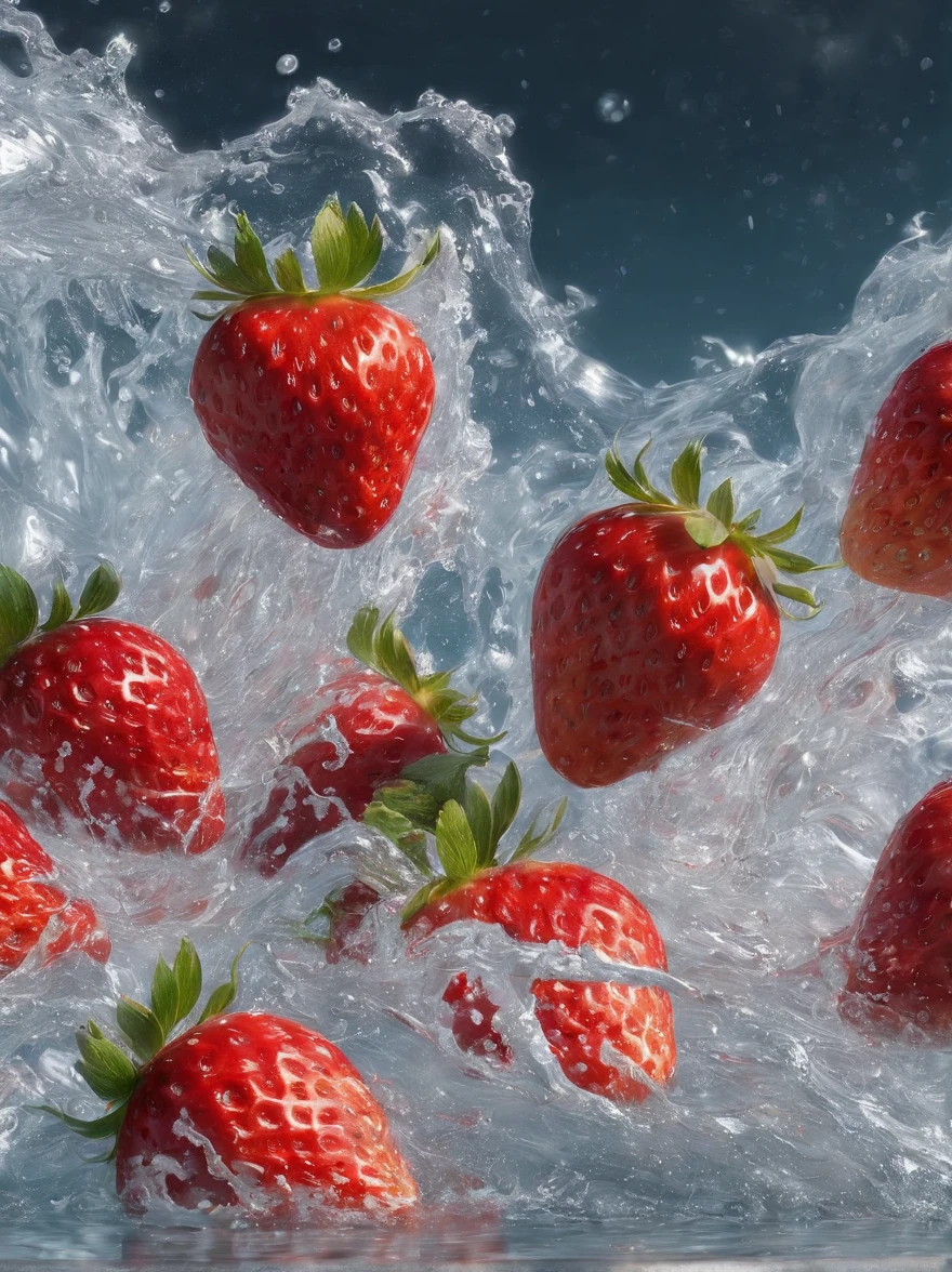 The beauty of a fine white dress, wetting hair, Rain in underwear, Clothes were soaked in the rain, Skin is exposed, hair messy, blush nose, high detailing, close-up,Otoraw Cinematic，Ultra-realistic photos，Ultra Photo Realism，Digital SLR，Soft lighting，Product photos of 5 strawberries that fall into the water、Drippy、Splashing clear liquid、water bloom，dynamic compositions，(Master Parts) (top-quality) (detailliert) (Cinematic lighting) (foco nítido) (Convoluted), Master Parts, top-quality, 超A high resolution, 8K UHD,A detailed eye_nffsw, Detalhador Furtástico