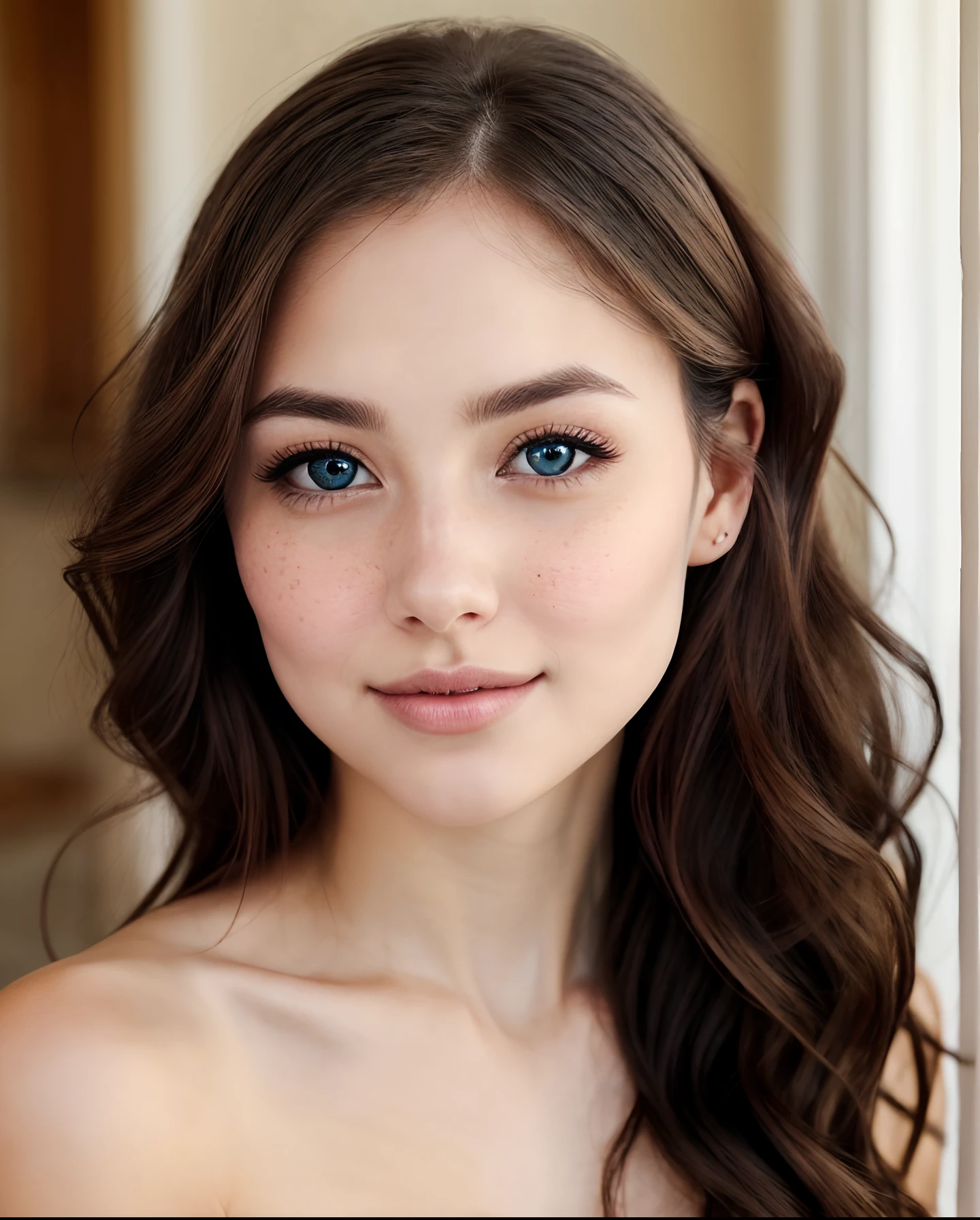 Young Woman's Face, A Portrait of Youthful Allure, Bathed in Soft Radiance, Elegance in Every Detail, Enchanting Allure, Ethereal Lighting.
In this scene, imagine a young woman's face, a true masterpiece of youthful allure. Her flawless porcelain skin emits a soft, natural radiance, free from any imperfections. Delicate freckles scatter gently across her cheeks, adding a touch of charm and innocence to her visage. Her eyes resemble deep pools of hazel, capturing light in a way that unveils the universe within. Long, dark lashes frame them, casting gentle shadows that intensify their mesmerizing depth. Her perfectly arched eyebrows gracefully complement the allure of her eyes, providing a subtle frame. A small, button-like nose rests elegantly in the center of her face, exuding sweetness.
Her rosy, full lips are soft and inviting, adorned with a natural flush. A faint, captivating smile plays at the corners, hinting at concealed secrets and joy. Her jawline is elegantly sculpted, leading to a graceful neck, adorned with the faintest hint of a collarbone. A cascade of silk-like, chestnut hair frames her face, falling in loose waves that catch and reflect the ethereal lighting, creating a halo that enhances her enchanting allure.
The lighting effect bathes her face in a soft, golden glow, accentuating her features and emphasizing her timeless beauty.