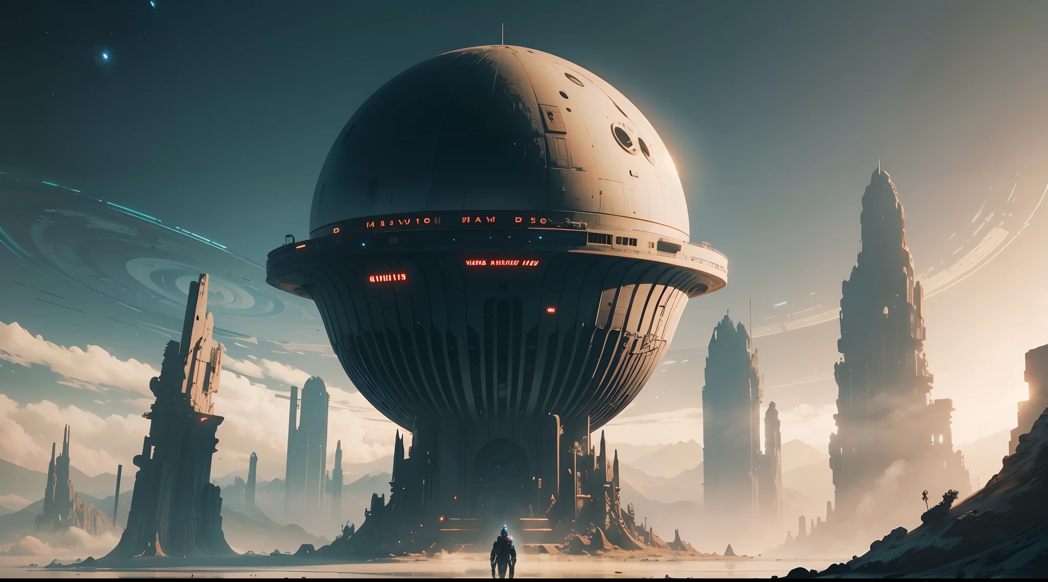 Alien ruins of an ancient civilization on the planet Chronos, futuristic vision, 8k, ciberpunk, com um planeta ao fundo, sci-fi space game art, futuristic sci-fi, epic beautiful space scifi, in a sci-fi shipping port, Space Sci - Fi, arte sci fi, fantasia scifi, Olhando para naves espaciais no cais, arte de fantasia sci-fi, Arte SciFi, fantasia scifi