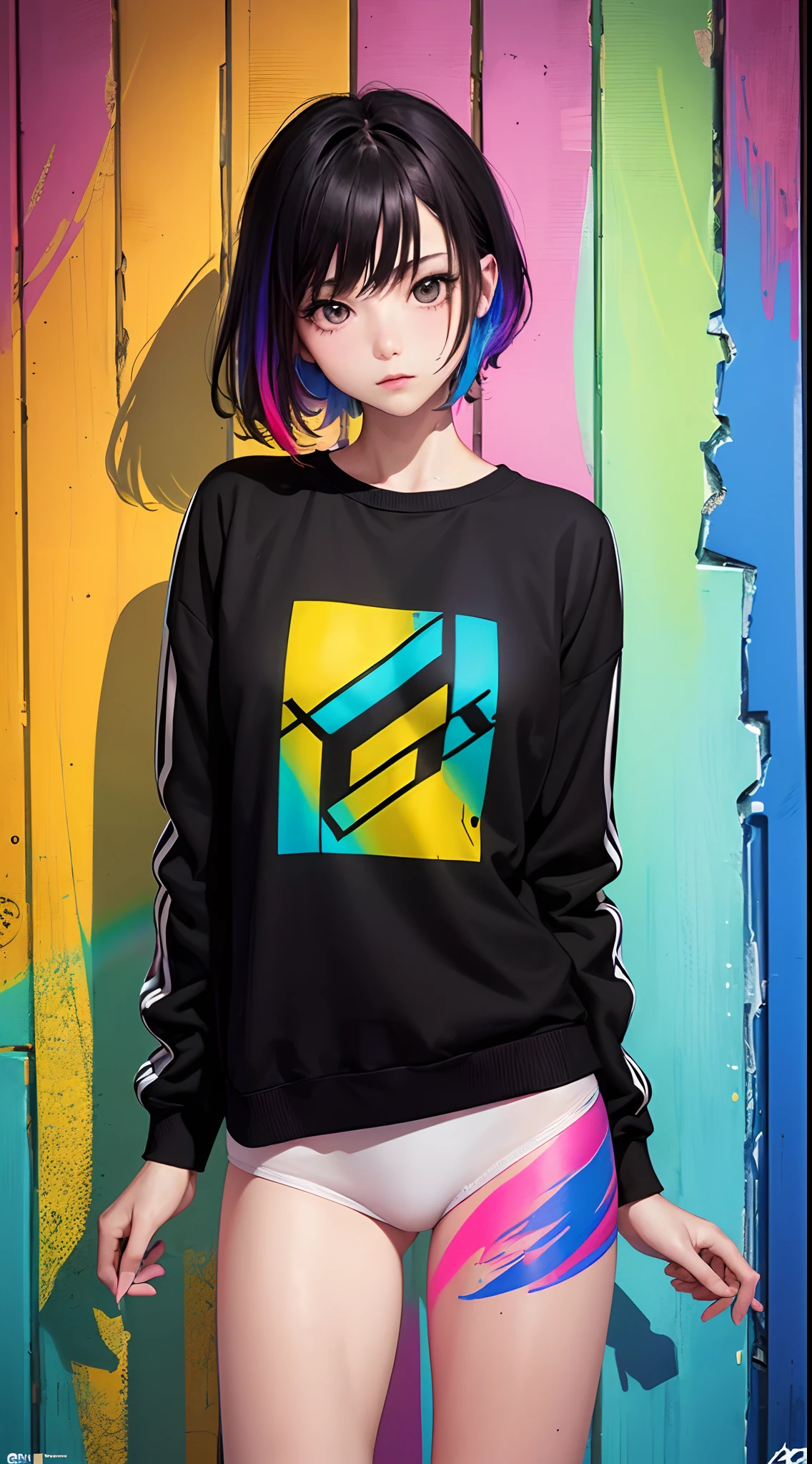 (rainbow color background:1.45),(a girl,solo,cowboy shot,rainbow color skin:1.45),(1/2 official art,2/3 graffiti art,street style fashion,P/3 Stamping Art Signature,English logo,English text,silhouette:1.35),Spray painting art,color inks,splash inks,Some rusty Retrofuturism,cowboy shot,multicolored outline,iridescent,Rainbow Gradient,colorful, Color paint graffiti,