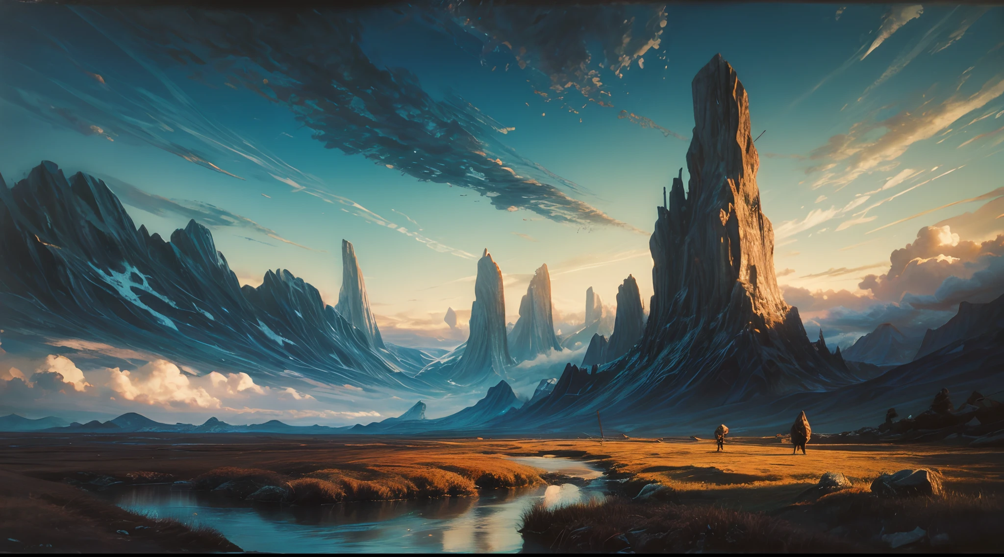 An abstract landscape in oil paints, which creates a surreal atmosphere.