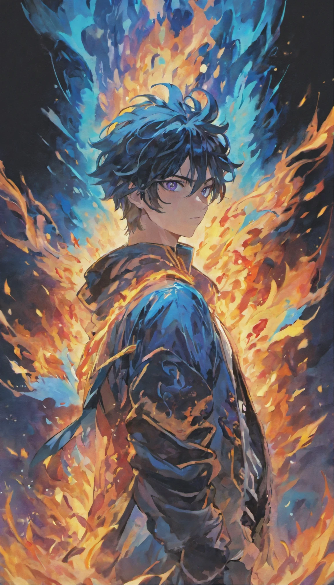 a man with black hair, purple eyes with a blue flame head and jacket, a handsome man with his back engulfed in a large fire, completely covered in flames by slaying the demons