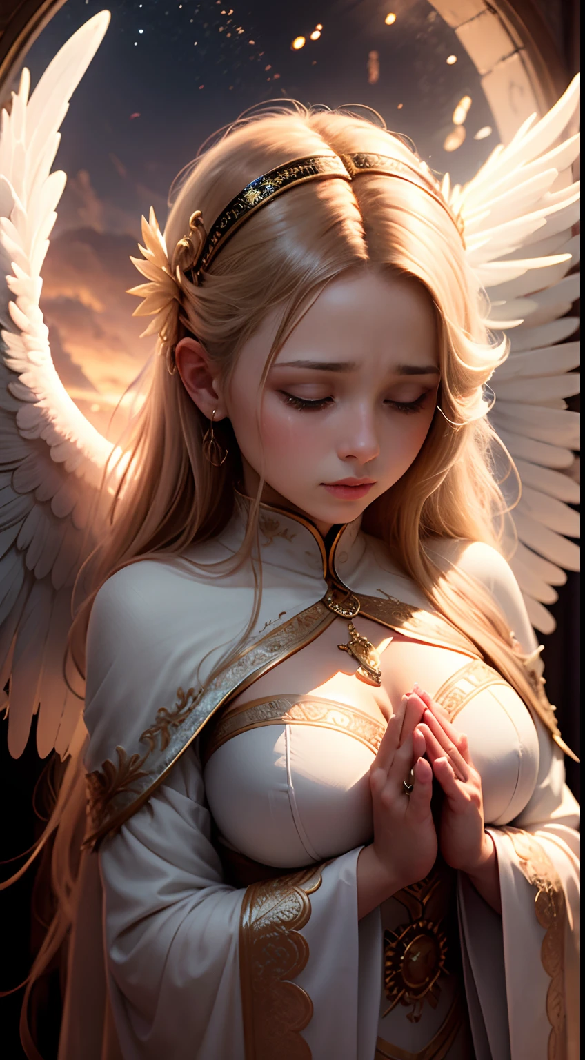 angel praying, ultra high definition, stylish beautiful girl, divine, 8K, shining figure, shedding large tears, circle of angels, happy, advent,