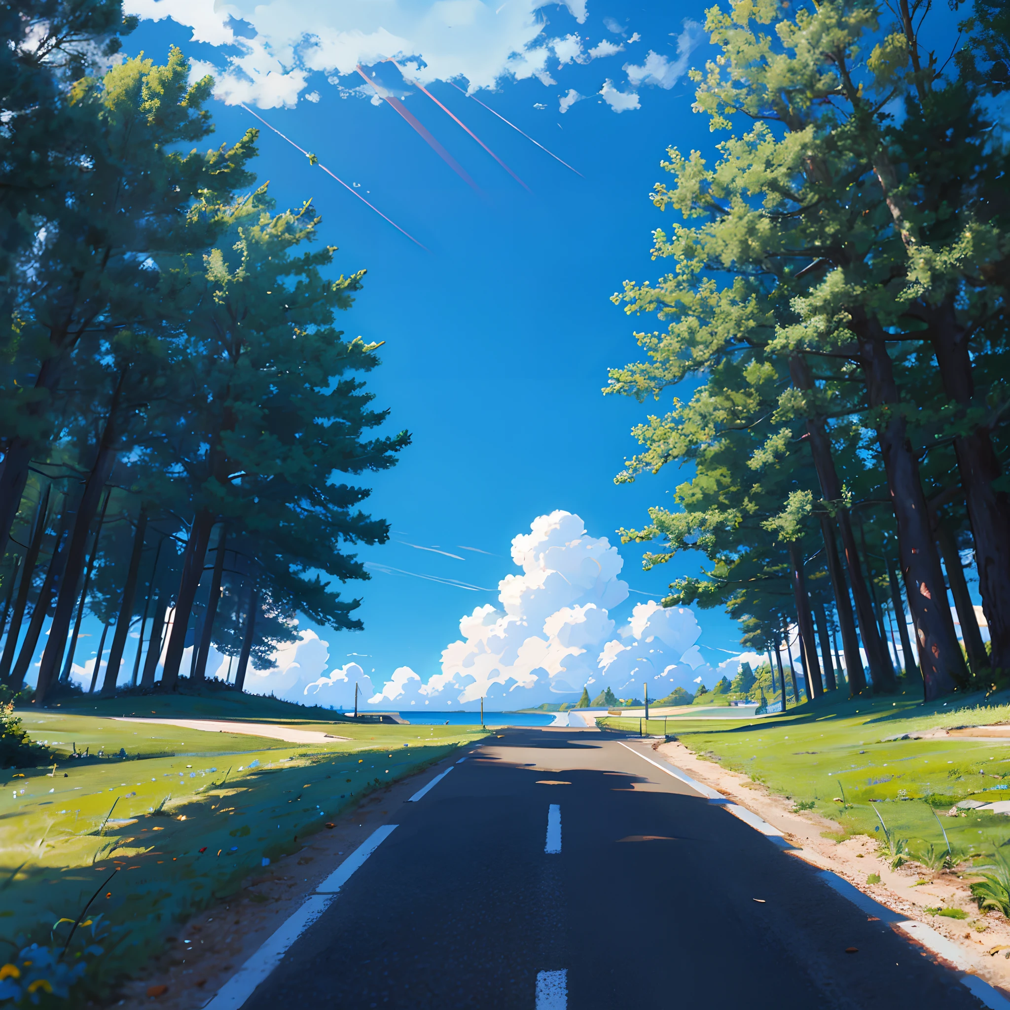 Blue skies，The sky is clear，cloudless sky，scenecy， vanishing point， from below， tmasterpiece， best qualtiy， 8K， 夏天， mid day， rays of sunshine， blue-sky， ssee-through， depth of fields， A high resolution， finedetail， ultra - detailed