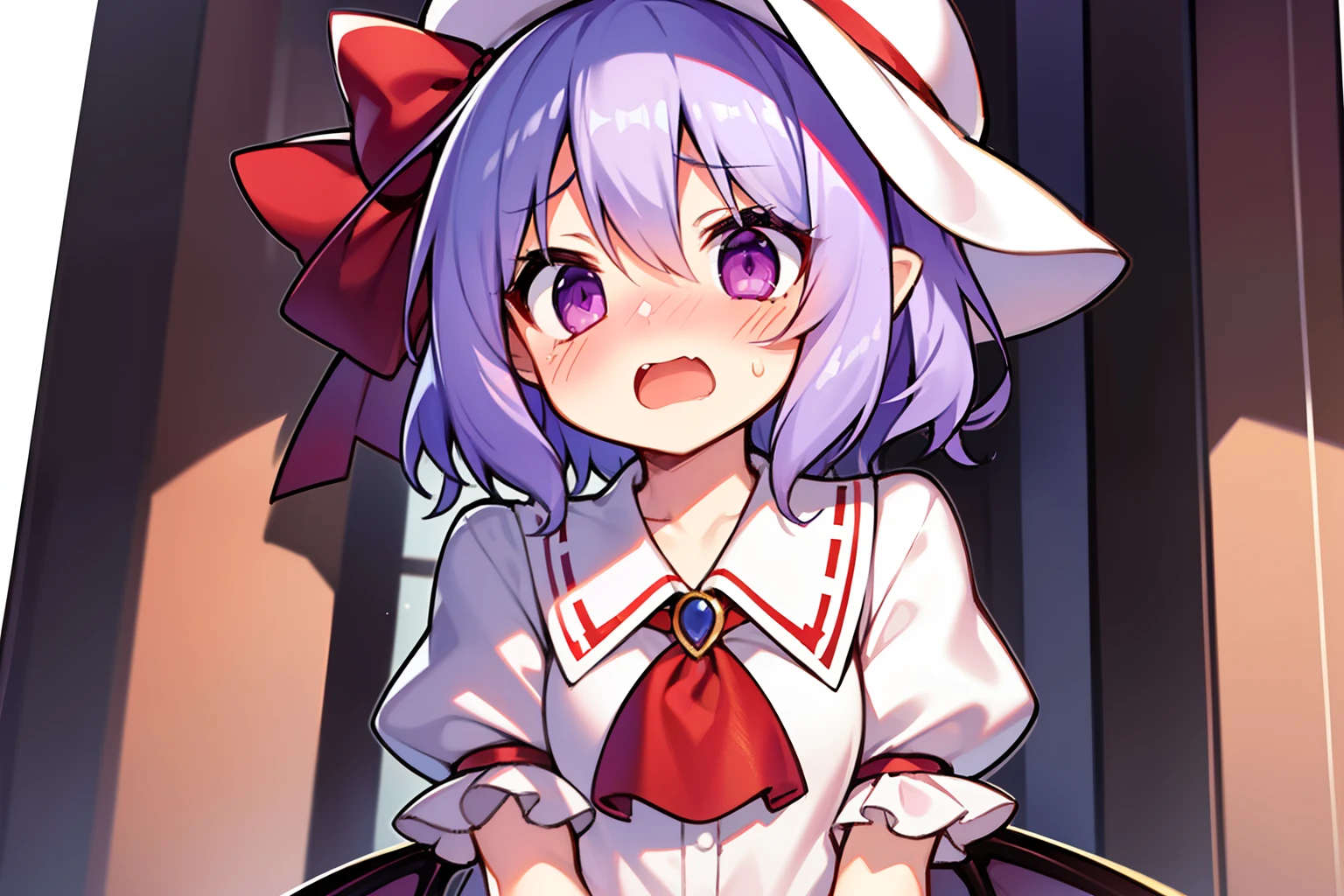 One girl、remilia scarlet、close range、beautiful countenance、purple color  hair（Highlights in the eyes）、embarrassed from、blushed face、suprised、Open mouth、Petite、shortsleeves、staring directly at camera、Hats