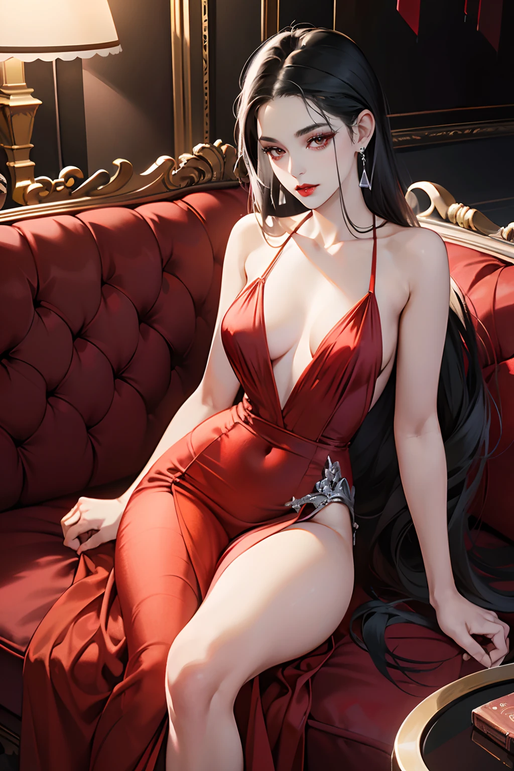1 girl,Perfect female body,Adult female, eyes looking to camera,(Red evening dress,Silver jewelry,black hair,Redlip),Sit in sofa, forehead,dramatic shadow, Ray tracing,(tmasterpiece, high resolution, ultra - detailed:1.0), half body, Socialite