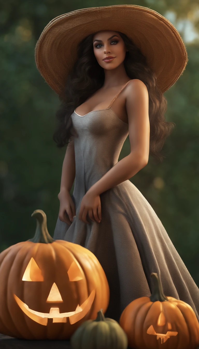 maciza,1girl,sentado en 1espeluznante pumpkin,Vista de cuerpo completo,Fondo de calabazas espeluznantes,vestida de bruja,Sombrero de bruja alto,muslo_Altos,Mini_falda,big size ass_Caderas,espeluznante,Fantasmas, halloween, gigantesco_senos,Recorte de escote,ruboroso,Ahegao_cara,pelo negro,ojos verdes,acorazonado_Pupilas,largo_cabello,cintura diminuta,Alto detalle,