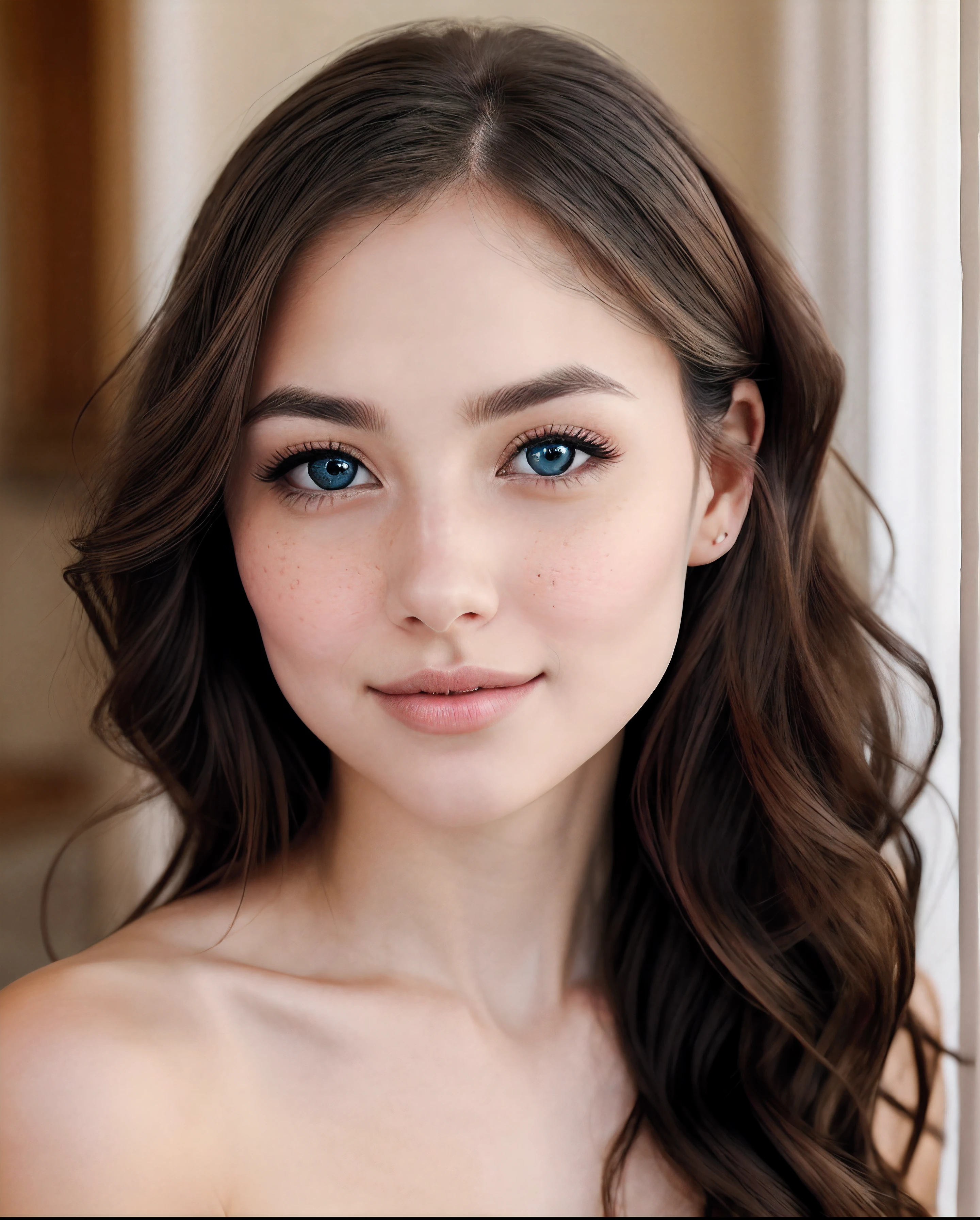 Young Woman's Face, A Portrait of Youthful Allure, Bathed in Soft Radiance, Elegance in Every Detail, Enchanting Allure, Ethereal Lighting.
In this scene, imagine a young woman's face, a true masterpiece of youthful allure. Her flawless porcelain skin emits a soft, natural radiance, free from any imperfections. Delicate freckles scatter gently across her cheeks, adding a touch of charm and innocence to her visage. Her eyes resemble deep pools of hazel, capturing light in a way that unveils the universe within. Long, dark lashes frame them, casting gentle shadows that intensify their mesmerizing depth. Her perfectly arched eyebrows gracefully complement the allure of her eyes, providing a subtle frame. A small, button-like nose rests elegantly in the center of her face, exuding sweetness.
Her rosy, full lips are soft and inviting, adorned with a natural flush. A faint, captivating smile plays at the corners, hinting at concealed secrets and joy. Her jawline is elegantly sculpted, leading to a graceful neck, adorned with the faintest hint of a collarbone. A cascade of silk-like, chestnut hair frames her face, falling in loose waves that catch and reflect the ethereal lighting, creating a halo that enhances her enchanting allure.
The lighting effect bathes her face in a soft, golden glow, accentuating her features and emphasizing her timeless beauty.