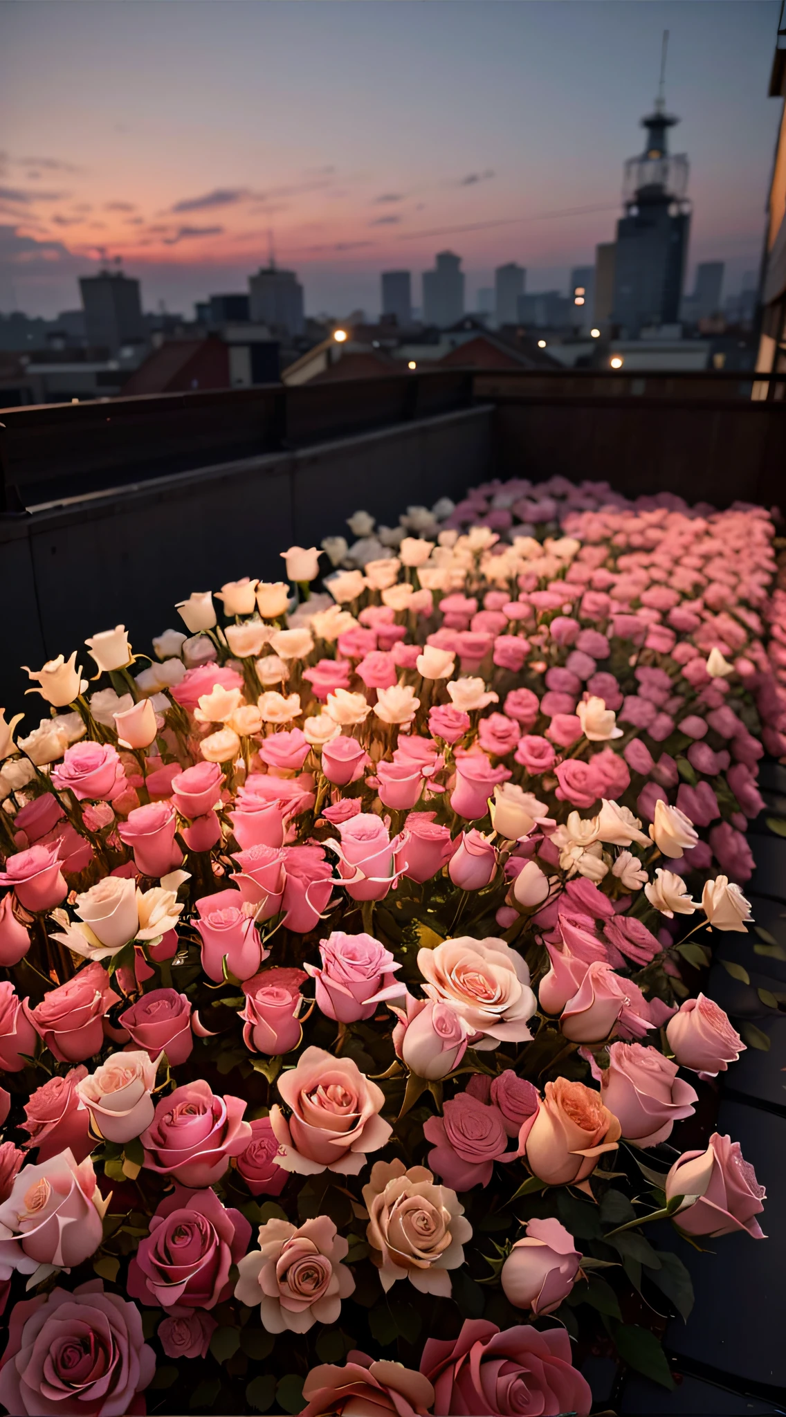 There are a lot of pink and white roses in the field on the roof, roses in cinematic light, rosette, rooftop romantic, illusory engine ; romantic motifs, 🌺 CGSesociety, soft light 4 k in pink, rosses, Beautiful flowers, beutifull, rose pink lighting, Beautiful and aesthetic, a few roses, realistic scene, beautiful octane render, vray beautiful
