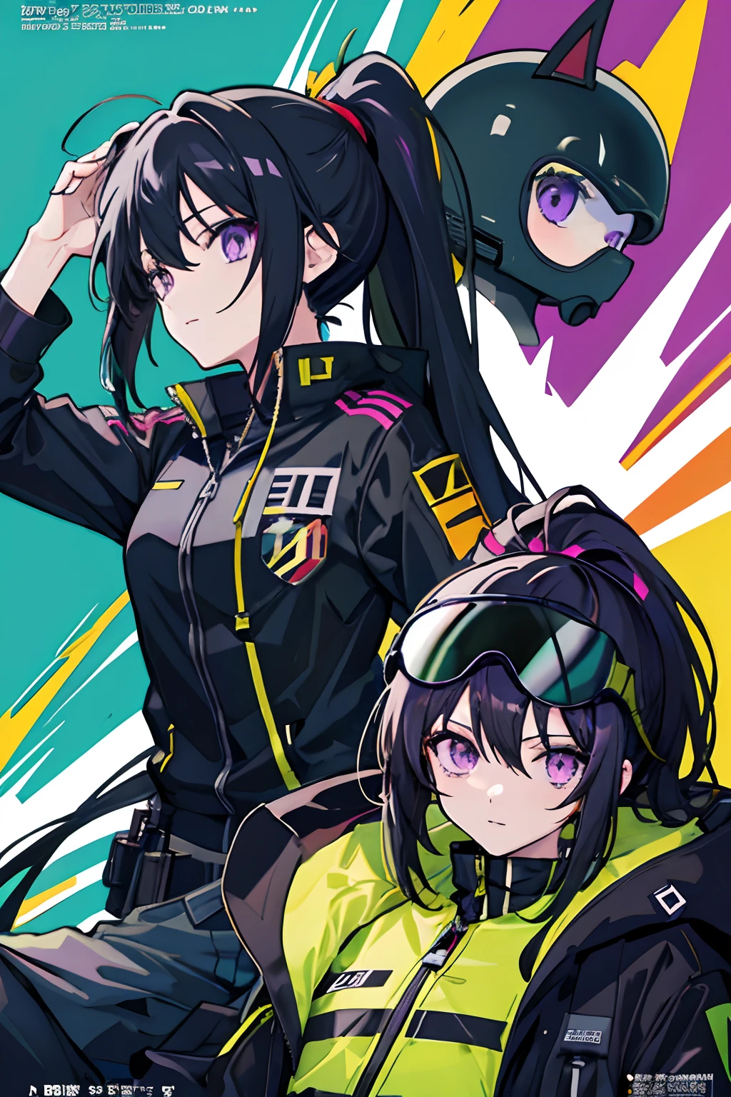 anime girl, black hair, ponytail, purple eyes,dark green flight suit, aviator sunglasses, holding a helmet, magazine background
