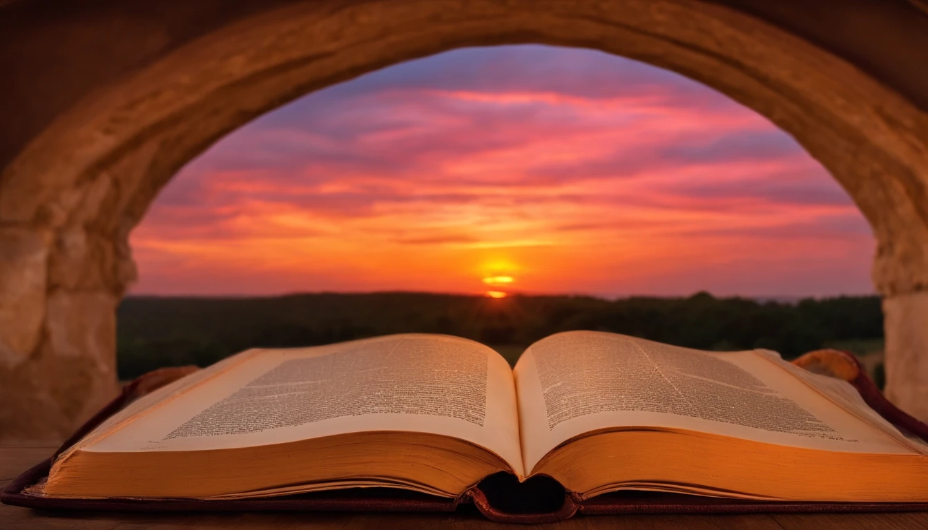 Orange and pink sunset with a beautiful yellow in the center and an open book, Bible